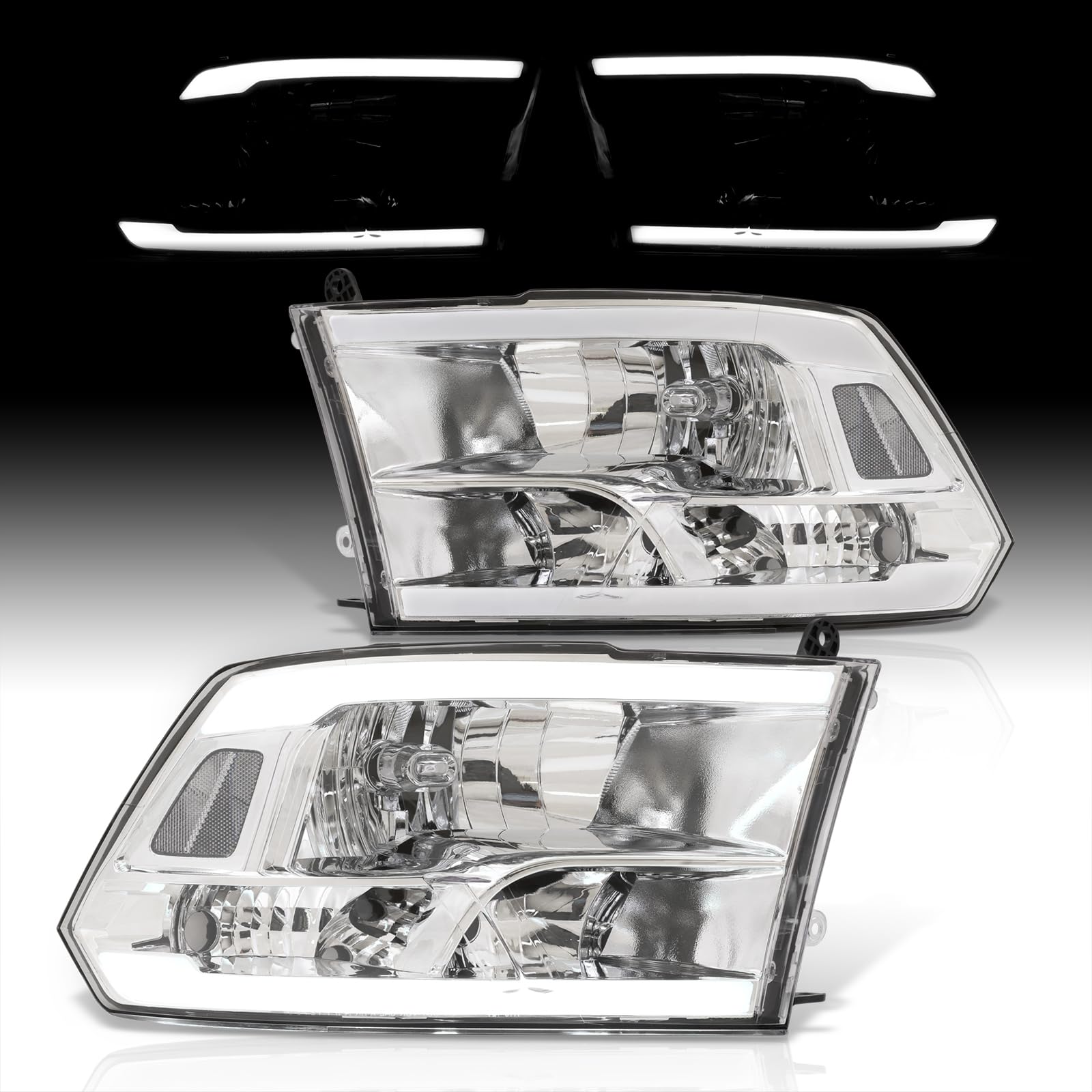 Ram 1500-5500 LED DRL Headlights & Turn Signals - Chrome Housing, Clear Lens for 2009-2018 Models - Off-Road & Street Use
