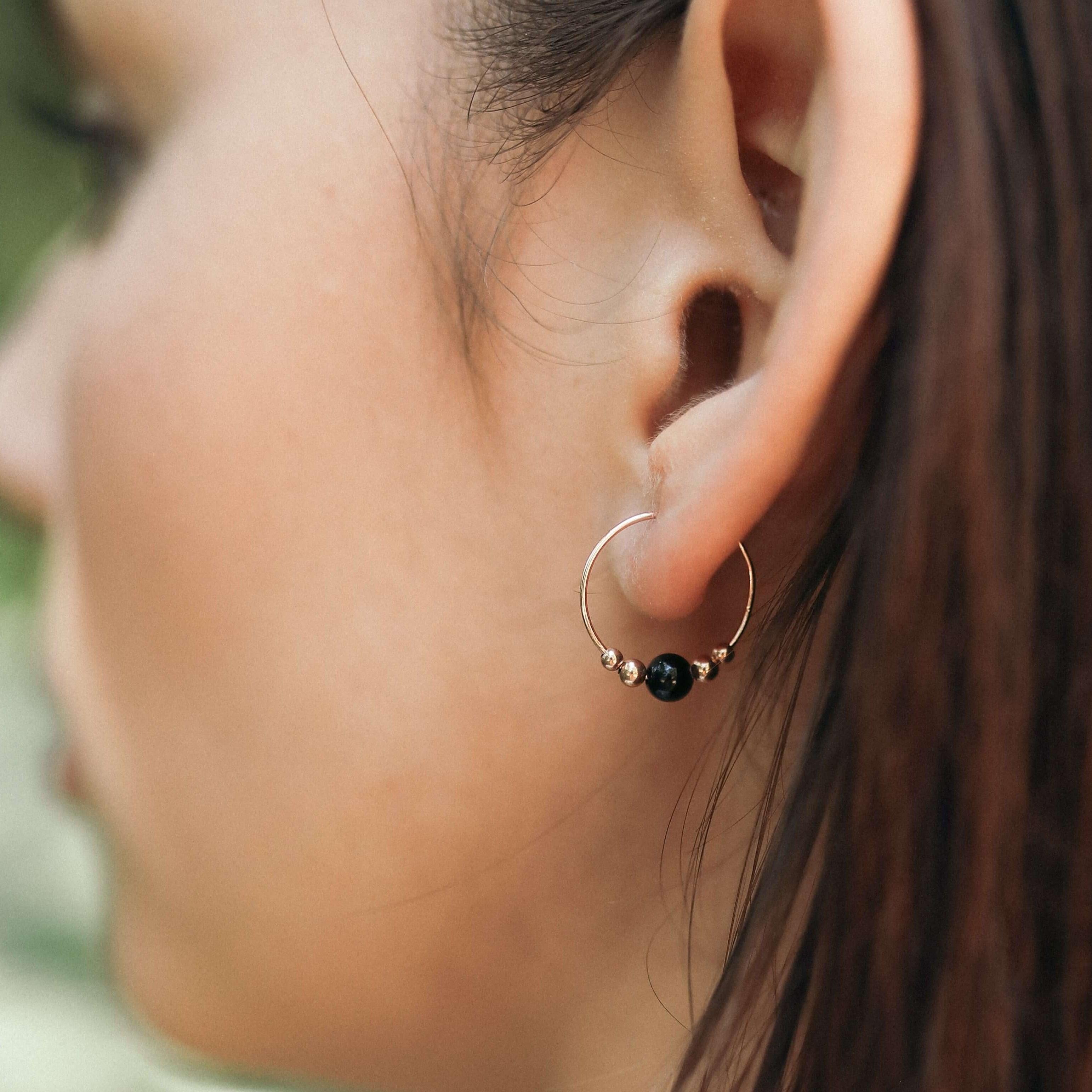 Black Tourmaline Beaded Hoop Earrings for Women - Tiny Adjustable Crystal Healing Jewelry for Protection & Positive Energy - Perfect for Everyday Wear, Meditation & Spiritual Gifts