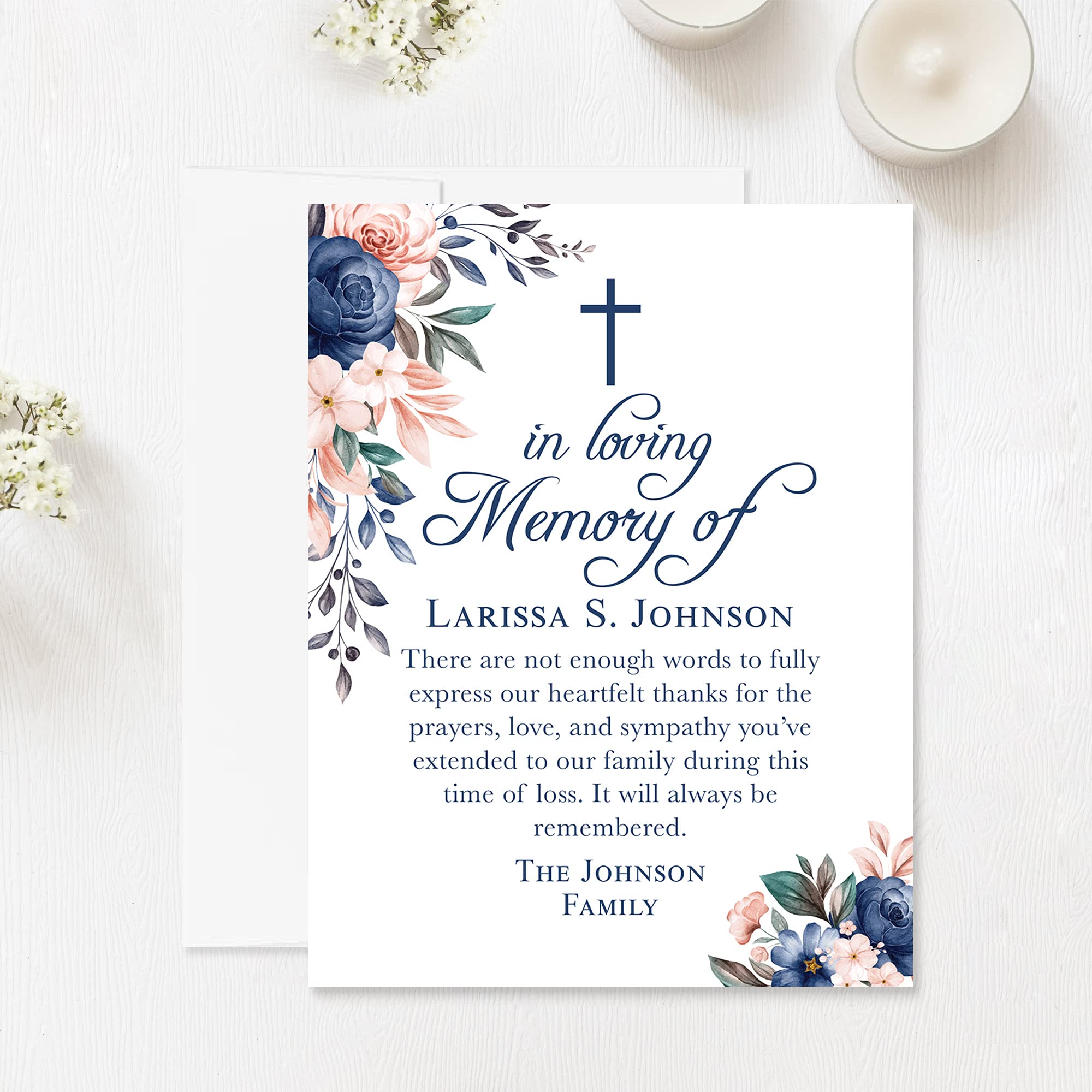 Navy Blue Floral In Loving Memory Funeral Thank You Cards with Cross - Personalized Sympathy Acknowledgement Cards (4.25x5.5 Inches) with Envelopes - Perfect for Memorial Services, Condolence Notes & Bereavement Gifts