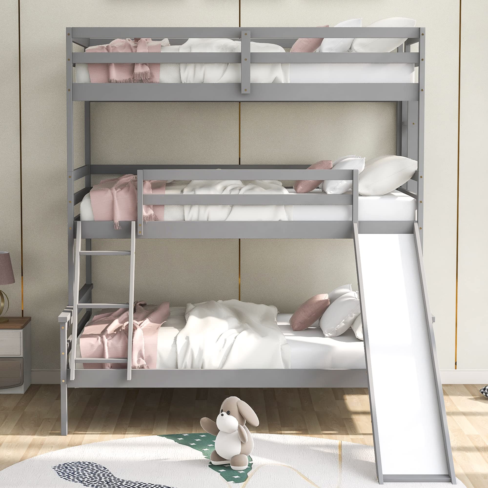 P PURLOVE Triple Bunk Bed with Slide - Wooden Twin Over Twin Over Full Bunk Bed for Teens & Kids - Convertible Ladder & Fun Slide - Space Saving Solution for Bedrooms, Dorms & Vacation Homes