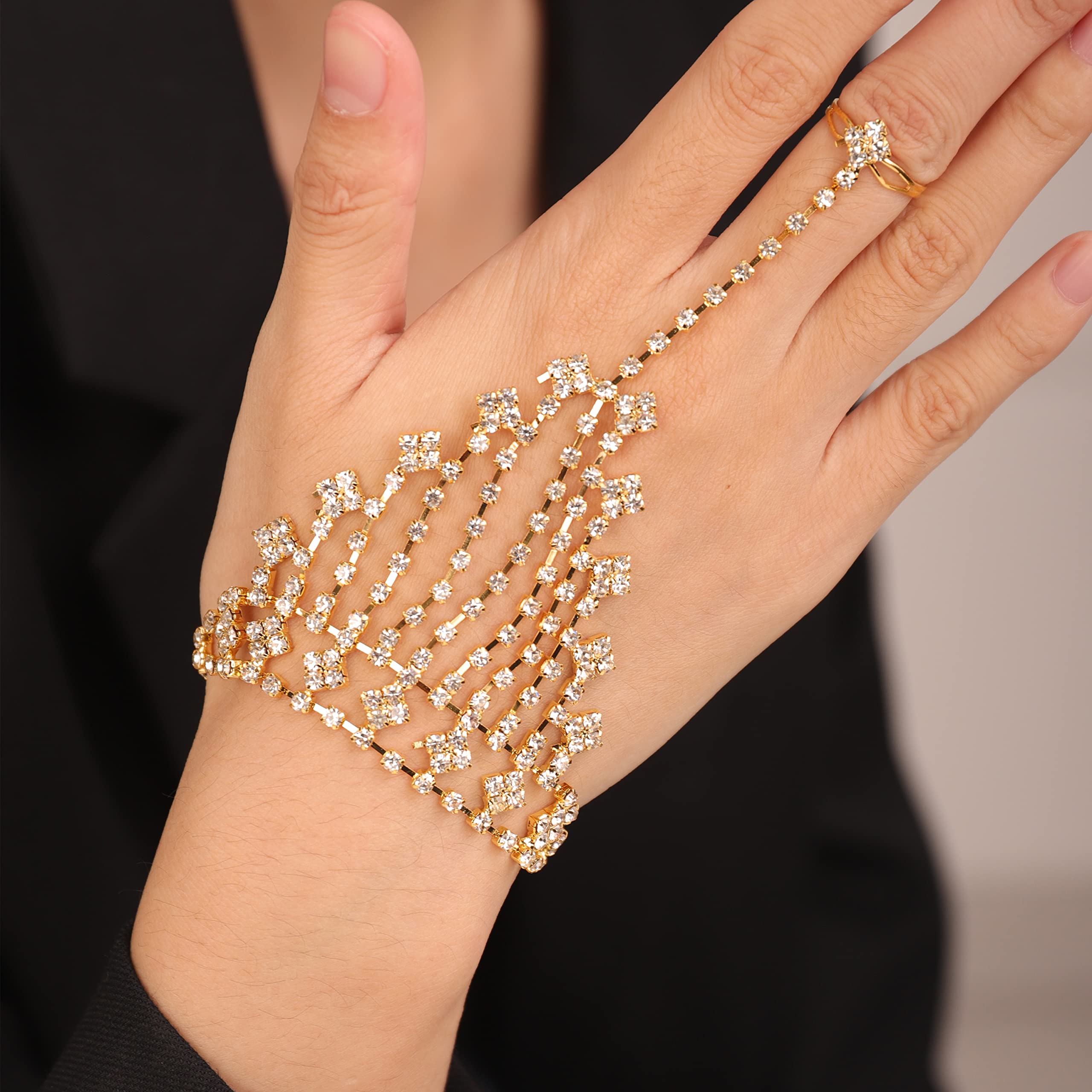 Elegant Sparkly Rhinestone Bridal Slave Chain Link Bracelet - Silver & Gold Crystal Wedding Hand Harness Bangle with Adjustable Finger Rings - Women's Jewelry Accessories for Bridal Party, Prom, Evening Gala & Special Occasions (Style 6)