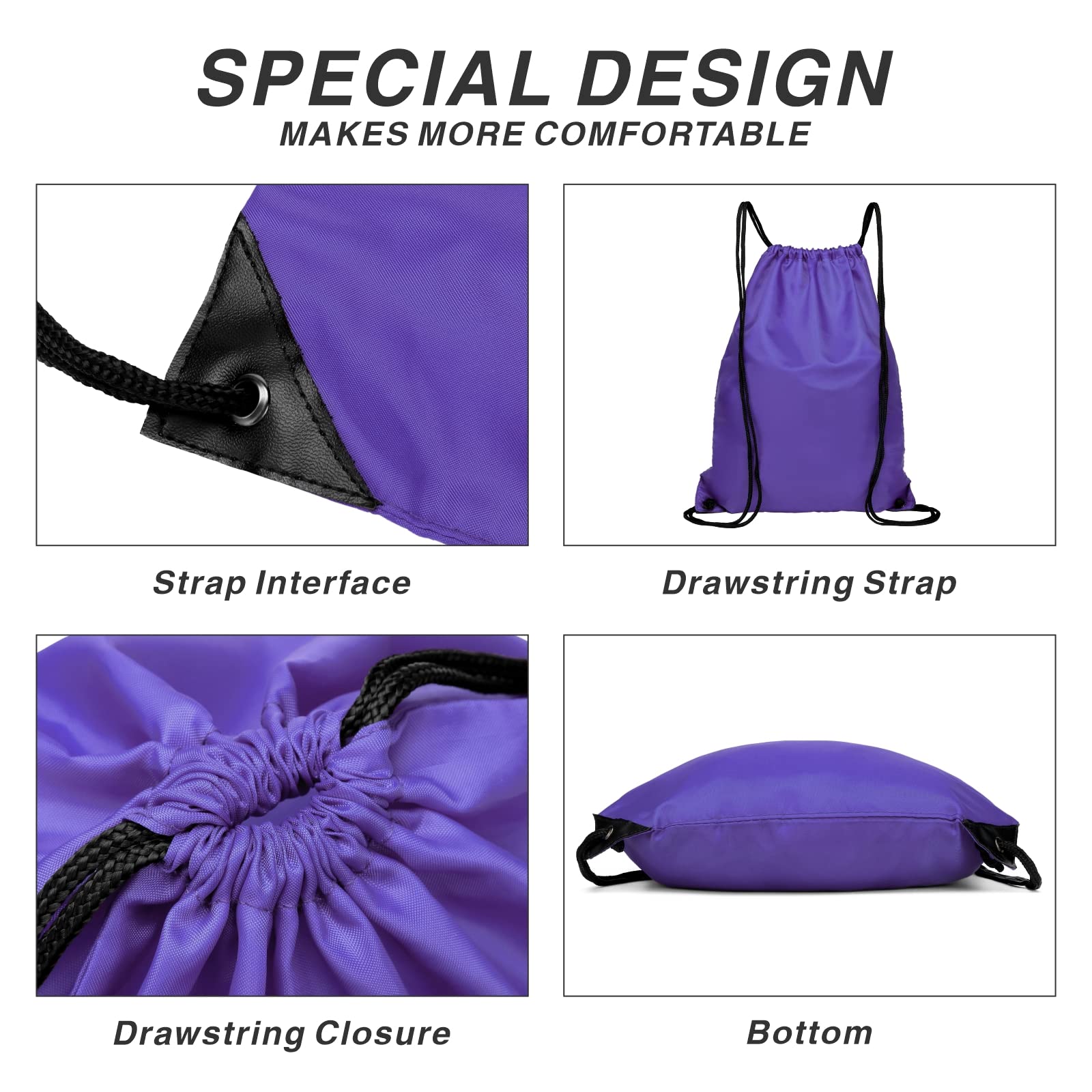 **Foldable 210D Nylon Drawstring Backpack with Zipper Side Pocket - Lightweight Sports Gym Sack for Men & Women (Purple) - Perfect for Travel, Workout & School**