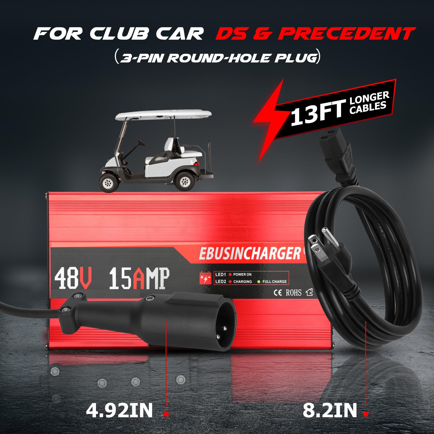 48V 15A Golf Cart Battery Charger for Club Car DS & Precedent - Fast 4-8H Full Charge Trickle Charger for Lead Acid Batteries | Replacement for Club Car 48 Volt Charger (5.5Lb) | Perfect for Golf Course, RV & Home Use