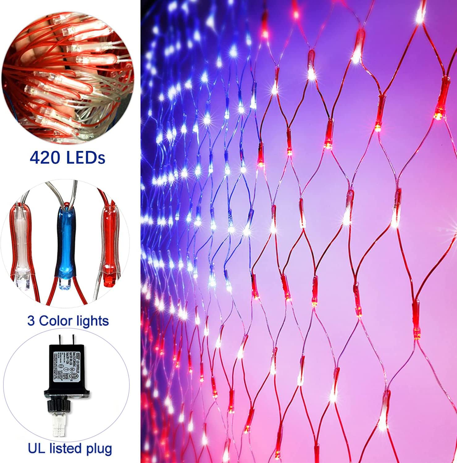 420 LED 24V Red White Blue American Flag Net Lights - Waterproof Patriotic Decorations for 4th of July, Independence Day, Memorial Day & Christmas - Perfect for Outdoor/Indoor Use on Houses, Fences, Trees & Parties