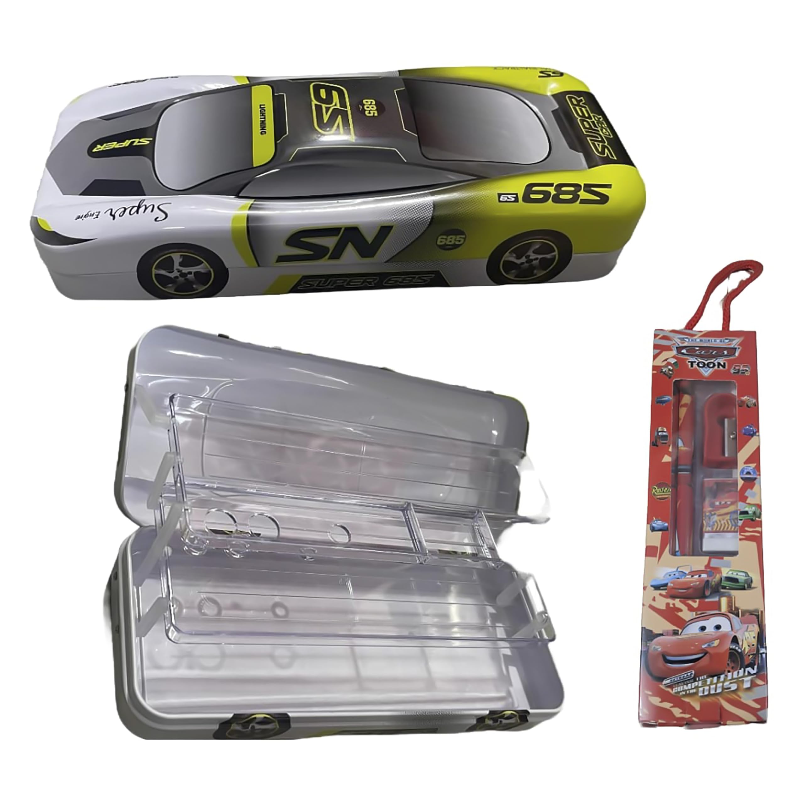2 in 1 Metal Pen Pencil Box with Stationery Organizer - Car Design School Supplies for Boys & Girls (Grey, Yellow+White) | Multiple Compartment Storage for Kids' Backpacks, Desks & Birthday Gifts
