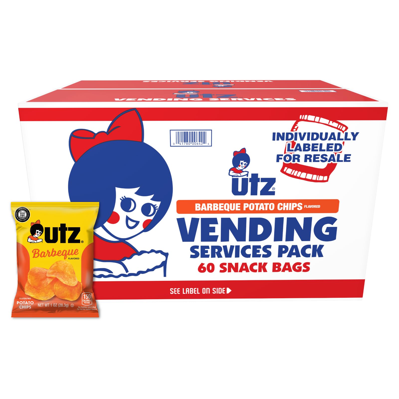 Utz BBQ Potato Chips - 1oz (Pack of 60) | Fresh, Crispy & Crunchy Snacks | Cholesterol Free, Trans-Fat Free, Gluten Free | Perfect for Lunch Boxes, Parties & On-the-Go Snacking