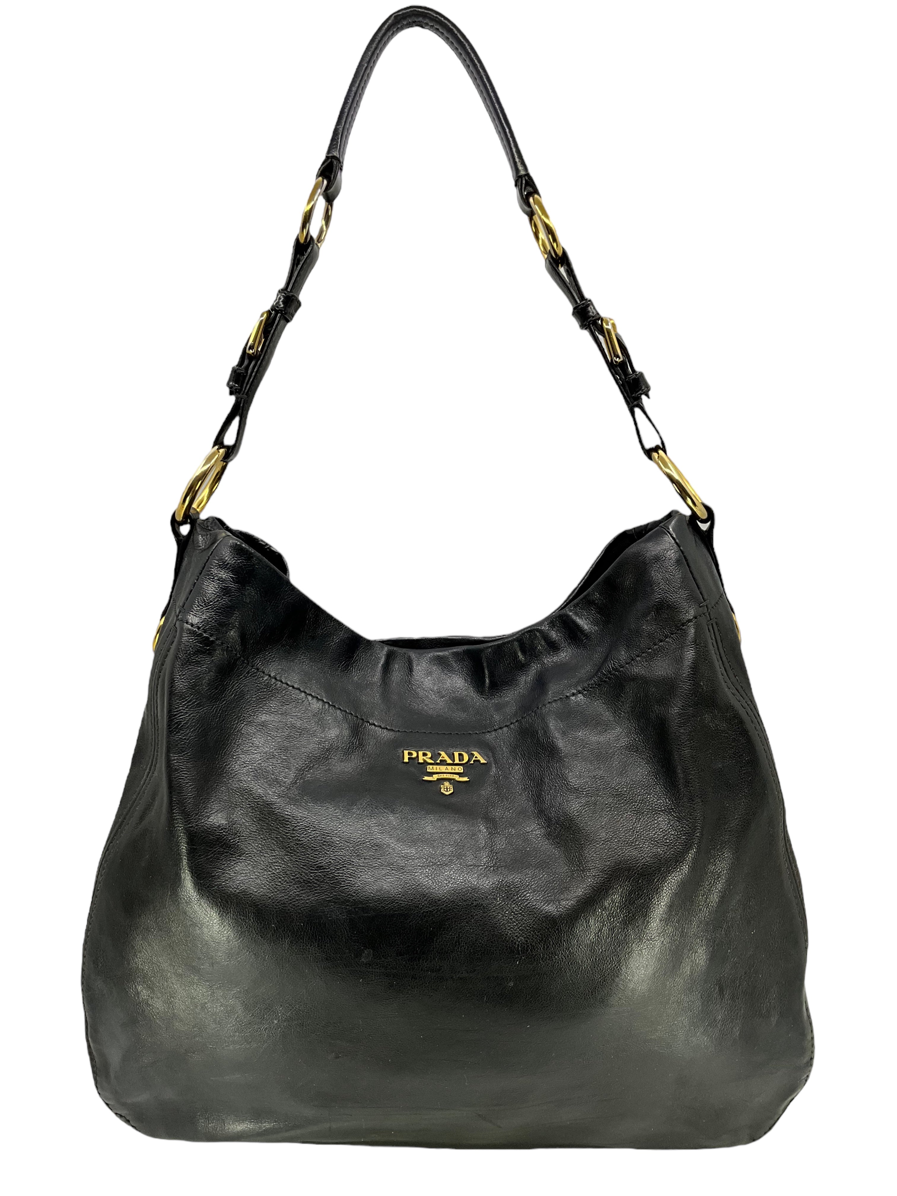 Prada Black Glace Calf Leather Hobo Handbag for Women - Luxury Shoulder Bag for Work, Travel & Everyday Use