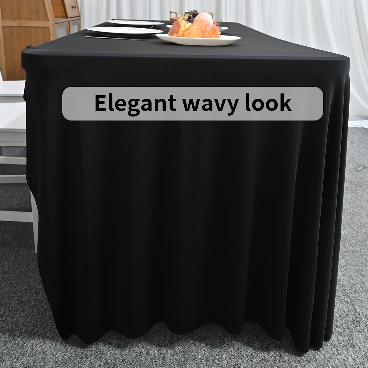 HAORUI 6ft Black Open Back Table Skirt - Wrinkle Resistant Rectangle Tablecloth with Ruffles Elastic Edge for Banquet, Wedding, Party Decor - Perfect for Buffet Tables, Reception Displays & Event Decorations
