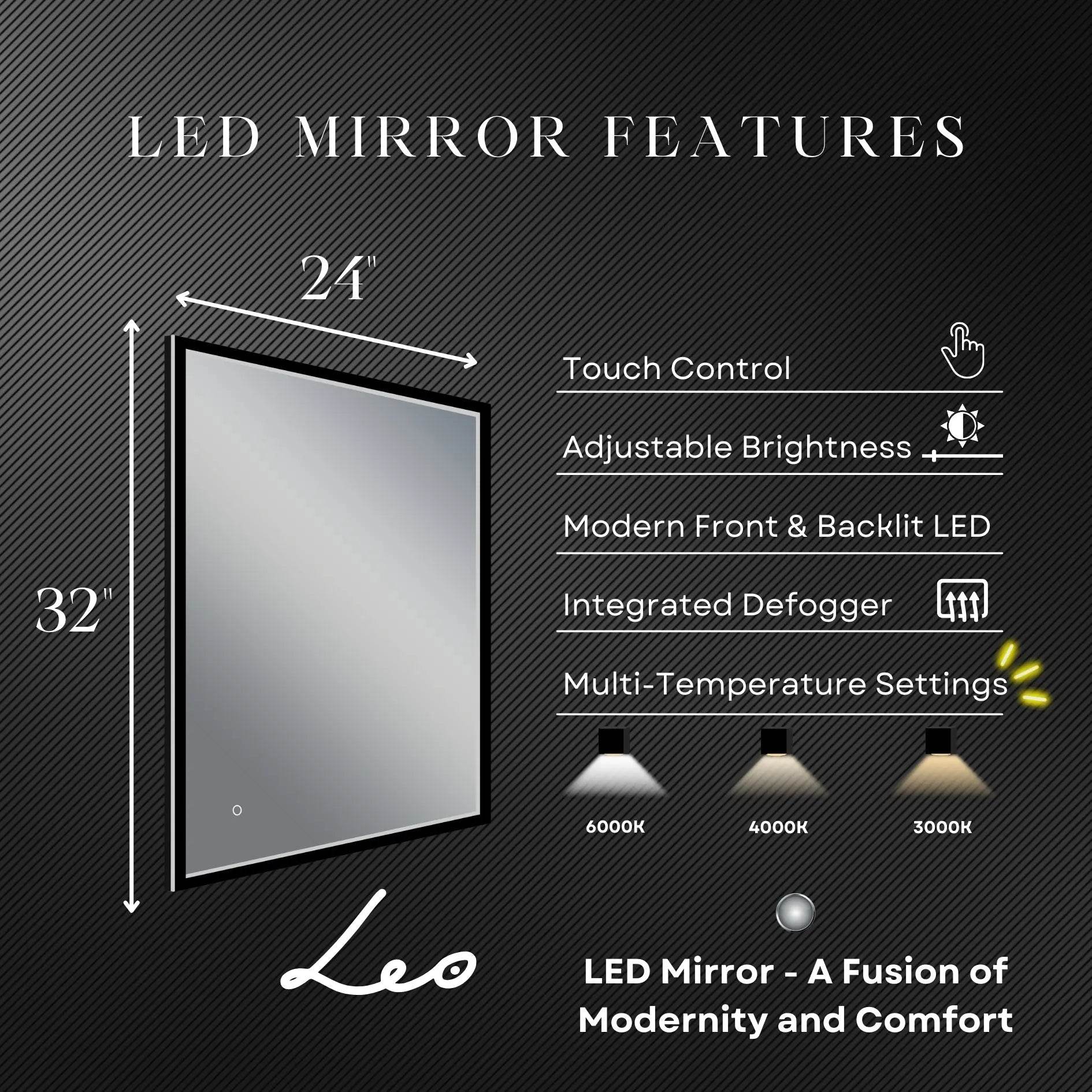Premium LED Lighted Mirror with Front & Backlit, Dimmer & Defogger - 2 Sizes for Bathroom Vanity, Makeup & Shaving - Perfect for Home & Salon Use