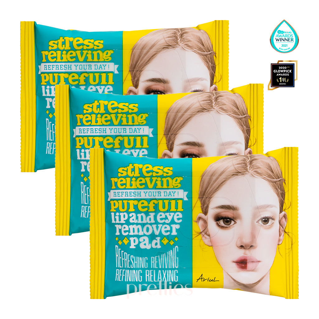 Ariul Stress Relieving Purefull Lip & Eye Makeup Remover Pads - 90 Count (30pads x3) | Gentle Cleansing for Sensitive Skin | Perfect for Travel & Daily Makeup Removal