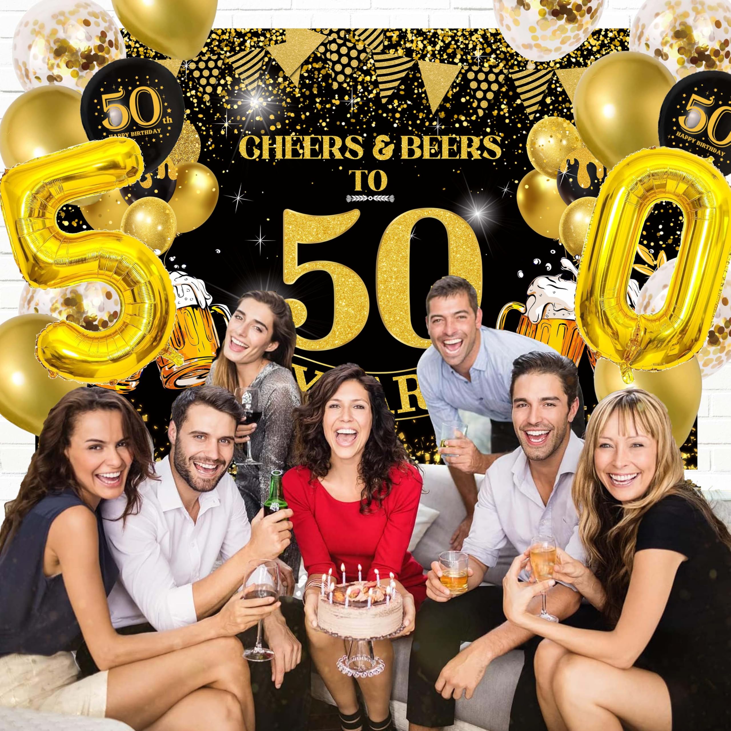 Black and Gold Cheers to 50 Years Banner - 50th Birthday Party Decorations for Men & Women - Happy 50th Birthday Backdrop & Balloons - Perfect for Milestone Celebrations, Retirement Parties, and Anniversary Events