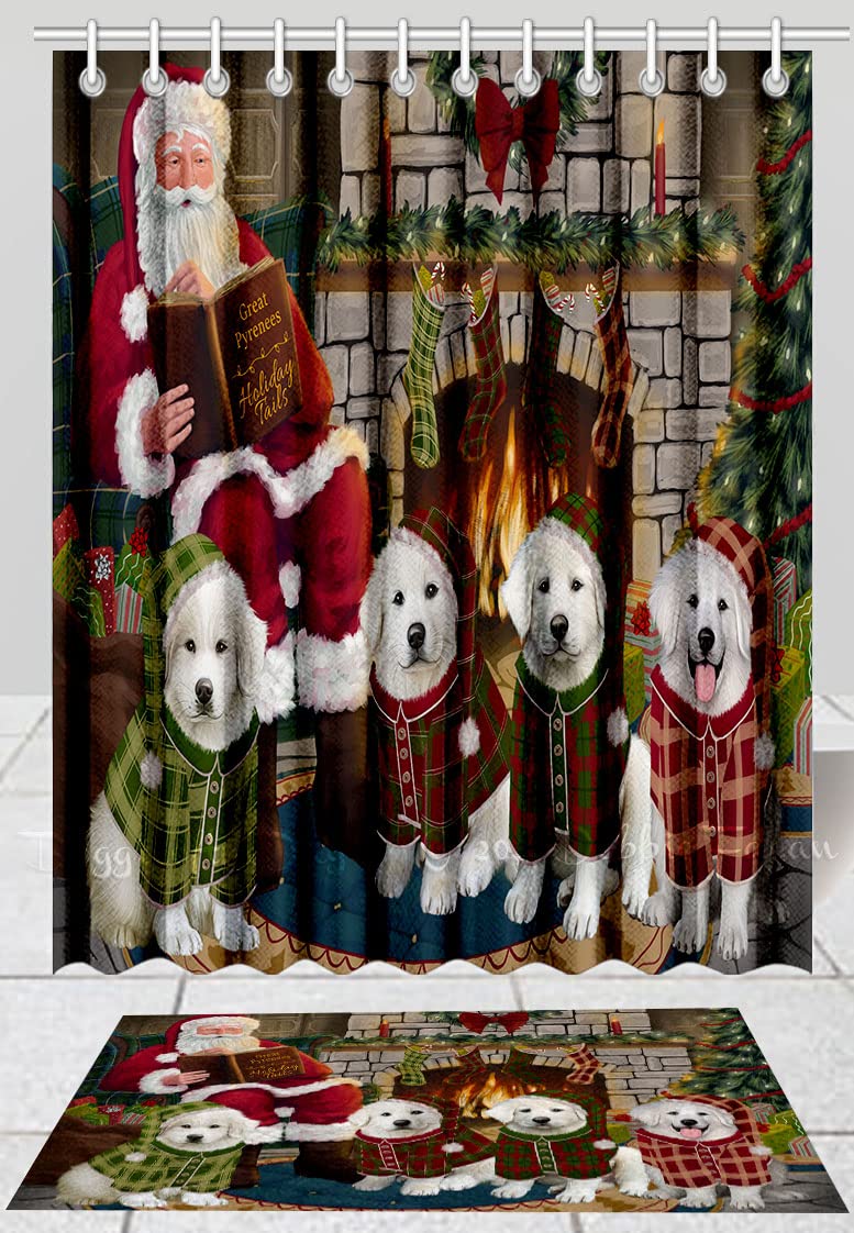 Christmas Cozy Holiday Fire Tails Great Pyrenees Dogs Shower Curtain & Bath Mat Set - Anti-Slip Bathroom Decor, Plush Rug Mat, Polyester Bathtub Curtain with Hooks (Bath Mat 16