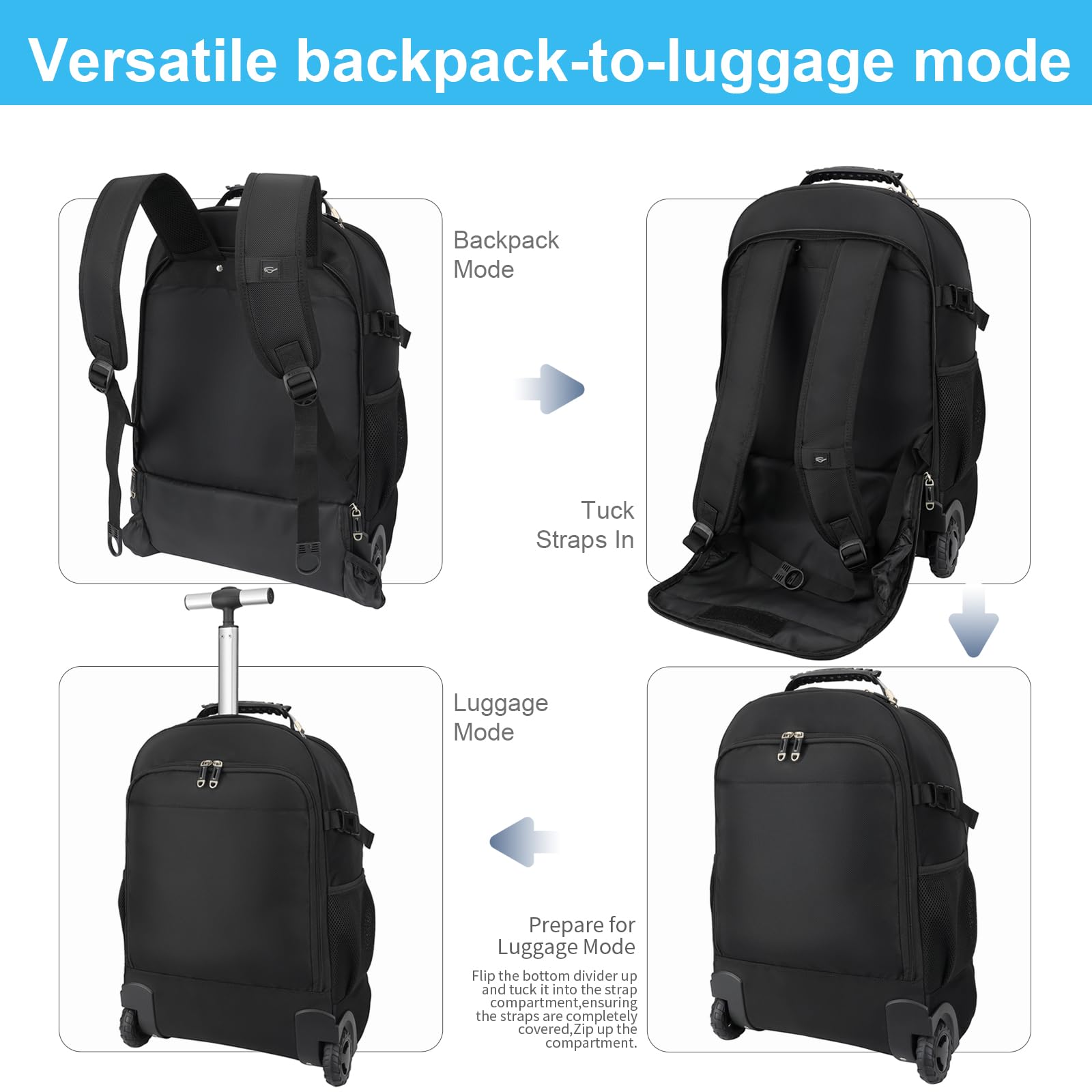 50L Anti-Theft Water-Resistant Rolling Backpack - Travel Laptop Backpack with Wheels for Business Commuting & Airplane Carry-On Luggage - Perfect for Business Trips, College Students & Daily Commute