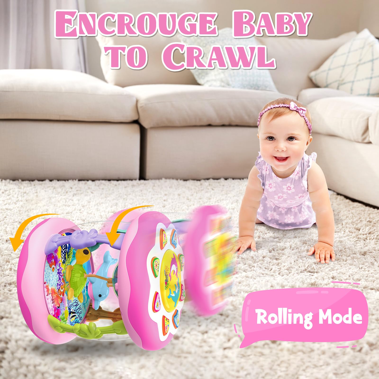 Ocean Rotating Light Up Musical Baby Toys for 6-12 Months - Pink Tummy Time & Crawling Toys for Infant Girls 3-18 Months | Interactive Sensory Toy for 1-3 Year Old Girls | Perfect Baby Shower Gift & Early Learning Developmental Toy