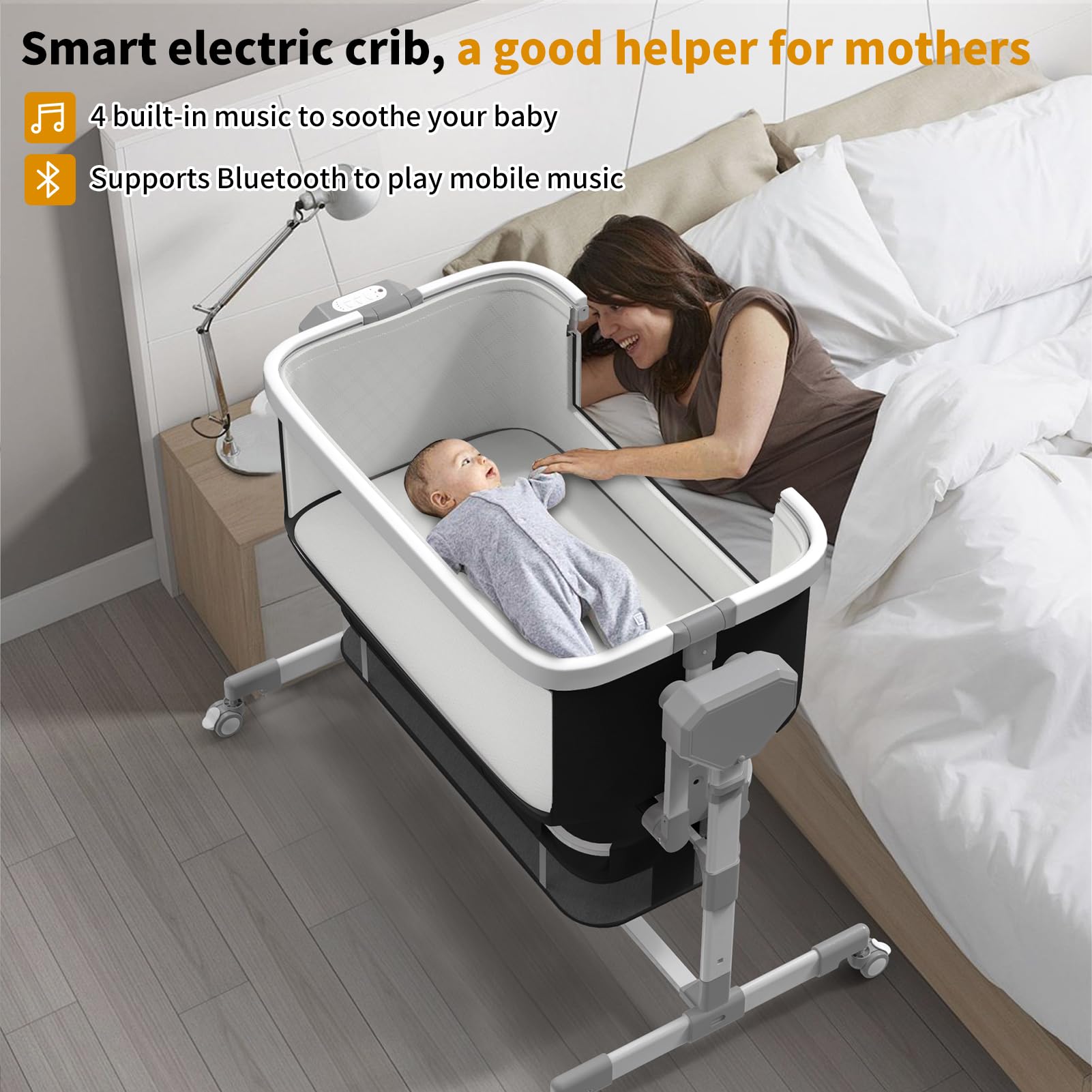 Electric Baby Bassinet with 5 Rocking Motions & Auto Rolling - Adjustable Height Bedside Sleeper for Newborns, Includes 4 Soothing Lullabies | Perfect for Nursery, Bedroom & Travel (White)