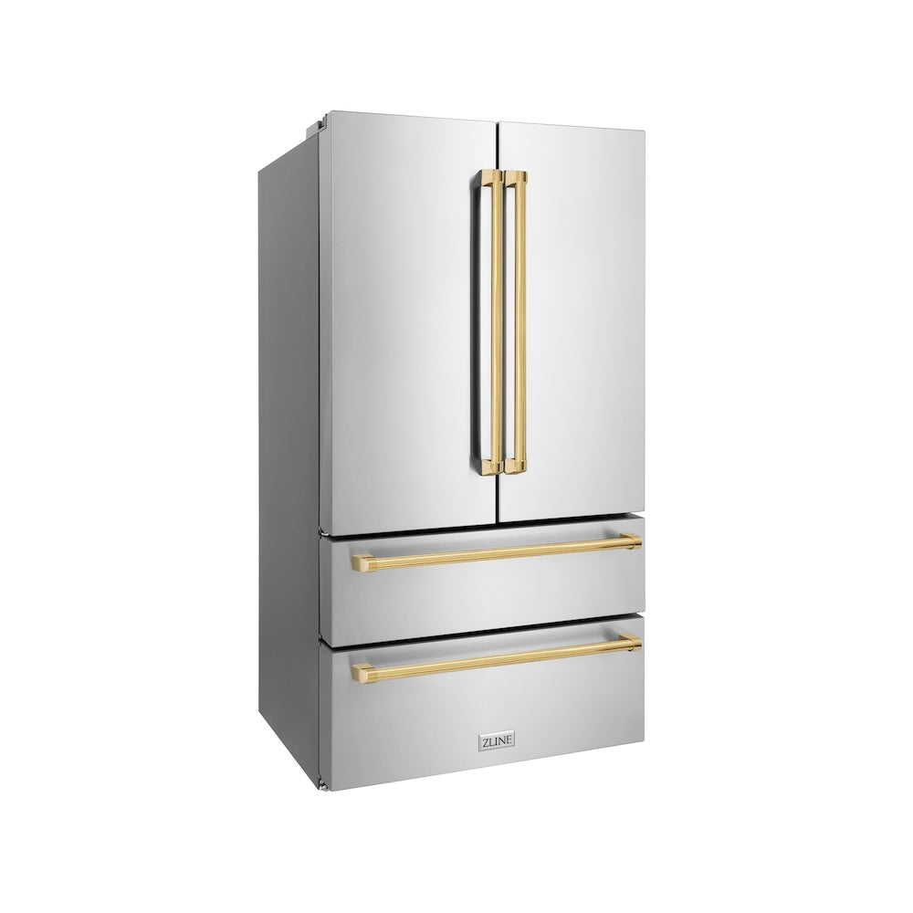 ZLINE Autograph Edition 36 Inch Counter Depth French Door Refrigerator - 22.5 cu ft Capacity with Ice Maker, Fingerprint Resistant Stainless Steel & Polished Gold Handles (RFMZ 36 G) - Perfect for Modern Kitchens & Open Concept Homes