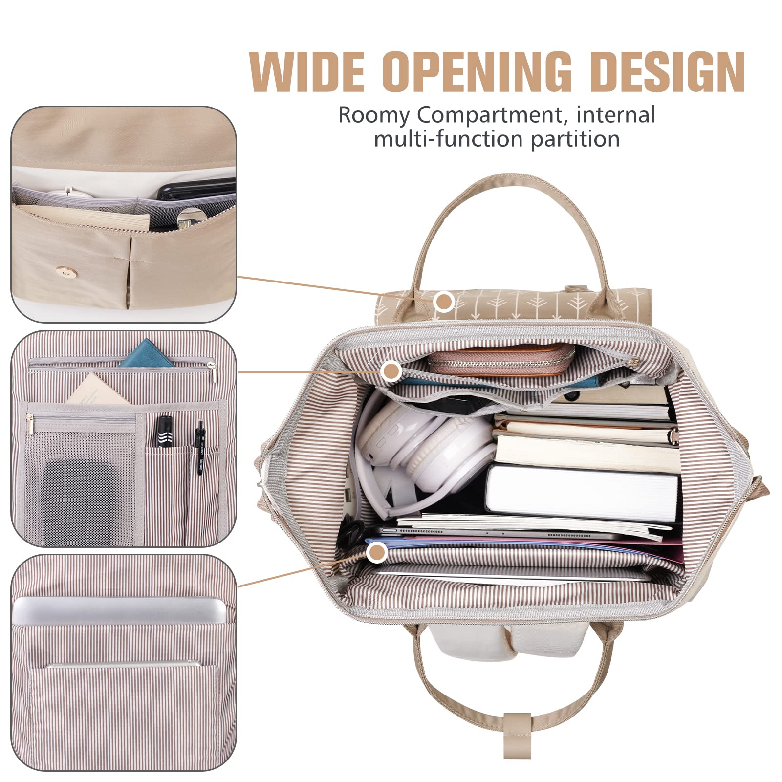 Stylish Water-Resistant Laptop Backpack for Women with USB Charging Port - Durable 17-Inch Laptop Bookbag for College Students, Teachers, Doctors & Nurses - Perfect for Work, School & Travel (Khaki Beige)