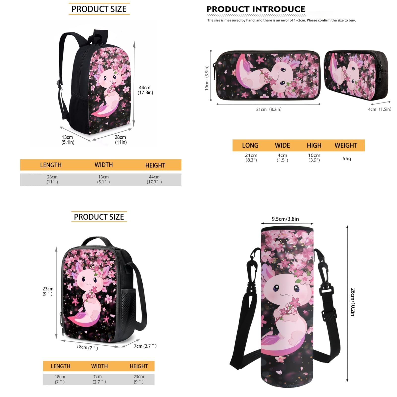 Cute Axolotl Kids Backpack Set with Lunch Box, Pencil Case & Bottle Holder - School Bookbag for Boys & Girls, Lightweight Daypack for Travel, Class, Camping & Outdoor Activities (4-Piece Set)