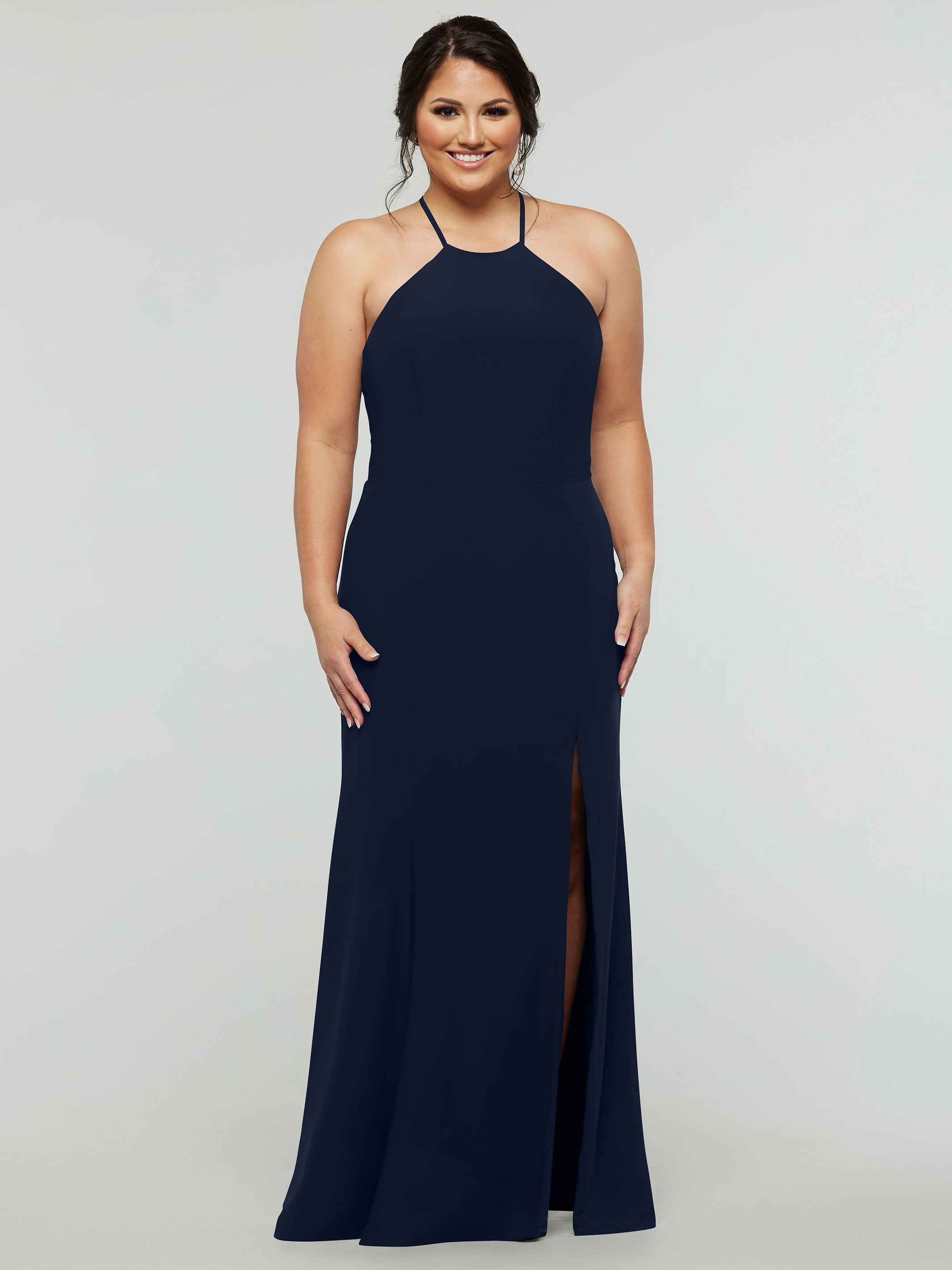 Elegant 83031 Fit and Flare Stretch Chiffon Bridesmaid Dress with Halter Neck & Thigh Slit - Perfect for Weddings, Prom, and Formal Events