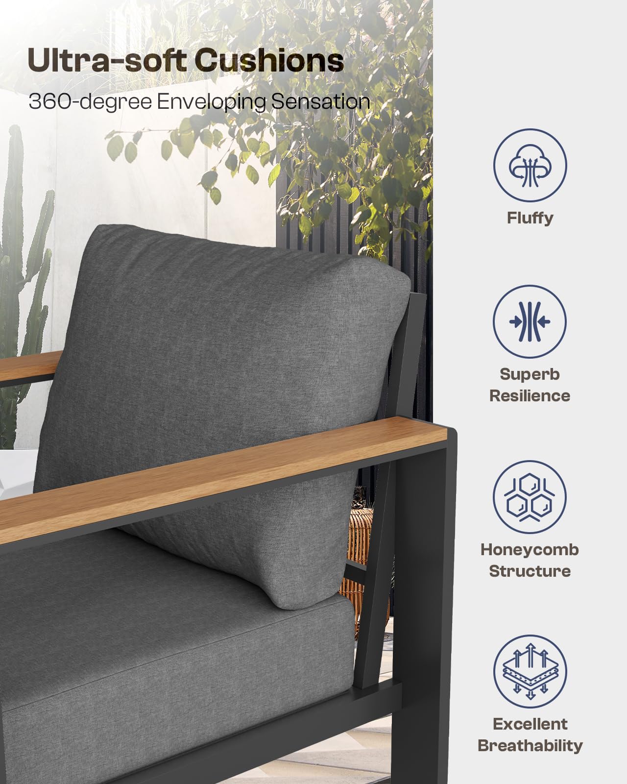 5-Piece Aluminum Outdoor Patio Furniture Set with Coffee Table & Washable Thick Cushions - Graphite Sectional Sofa Set for Porch, Balcony, Deck, Yard - Perfect for Relaxing, Entertaining & Outdoor Gatherings