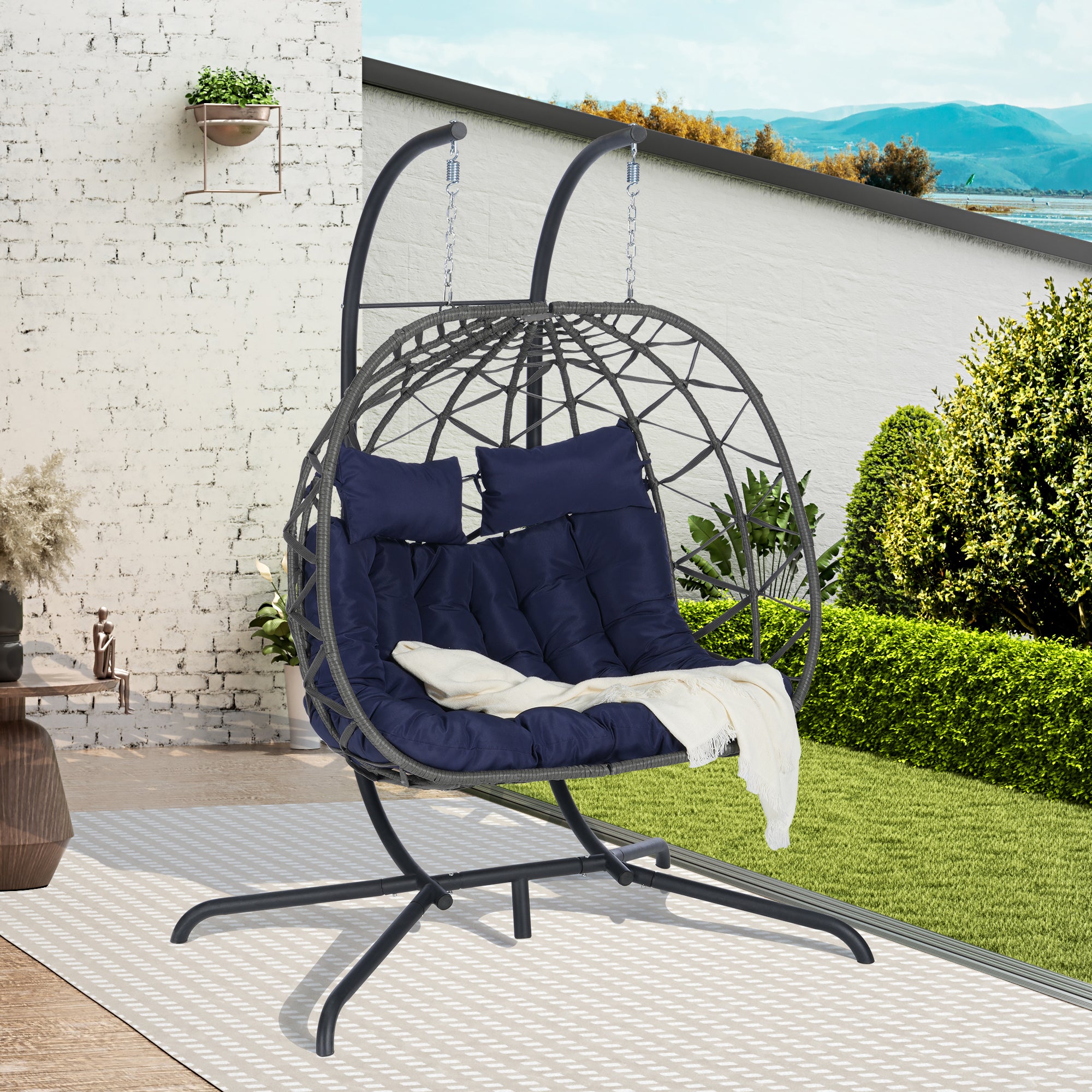 Double Egg Chair with Stand - Hanging Indoor/Outdoor Wicker Rattan Swing Chair with UV-Resistant Cushions (600lb Capacity) - Perfect for Bedroom, Balcony, Patio & Garden Relaxation