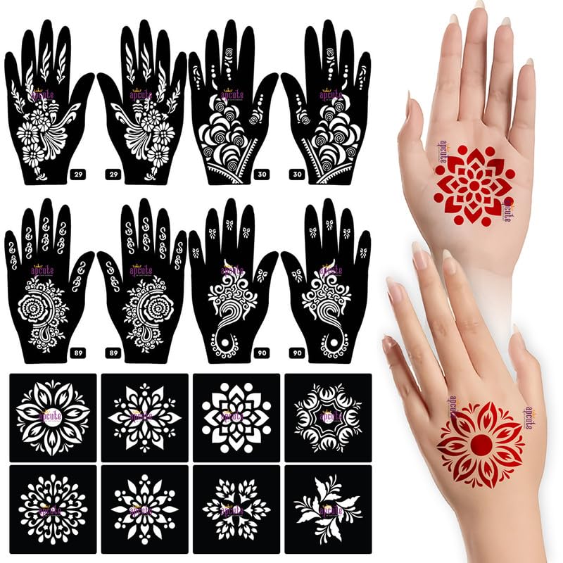 Apcute 18pc Combo Pack Henna Tattoo Stencils - Easy DIY Mehndi Design Stickers for Women, Girls & Kids - Quick Temporary Body Art for Parties, Weddings & Festivals (Set of 18 Styles: 29-30-89-90)