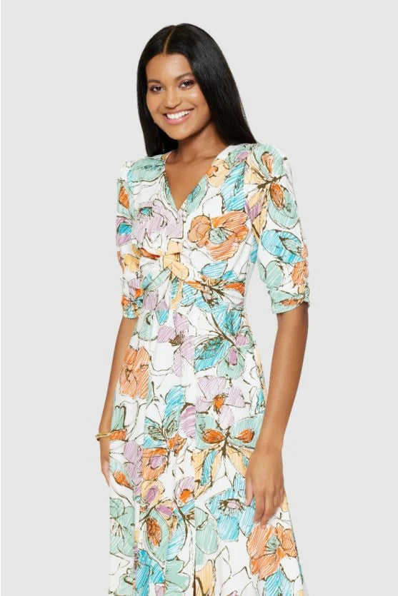 Orla Floral Midi Dress for Women - Orange Summer Floral Print Sundress | Perfect for Beach Vacations, Garden Parties & Date Nights