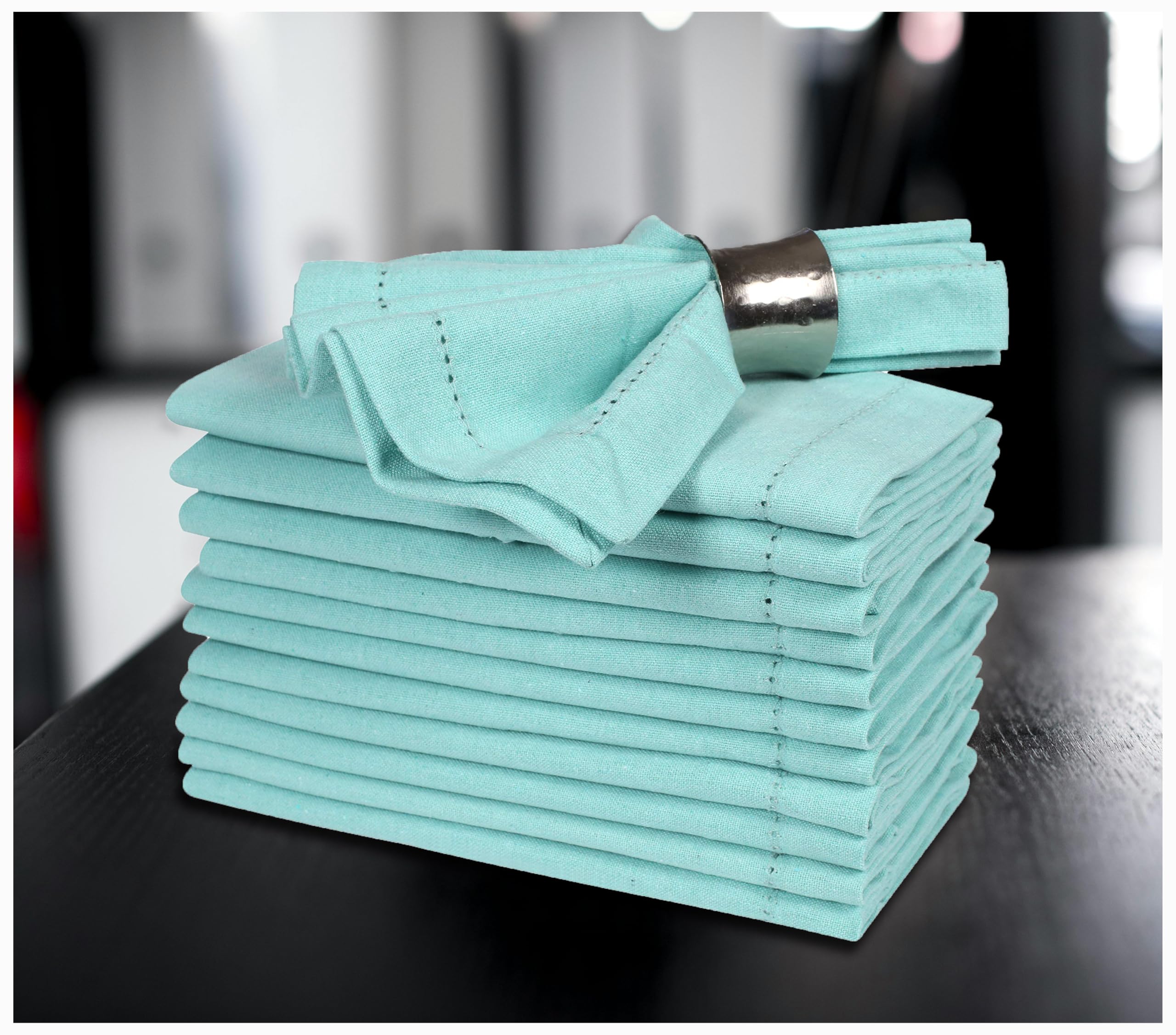 Premium Cotton Cloth Napkins Set of 12 - 18x18 Inch Aqua Blue with Hemstitched Mitered Corners for Wedding, Dinner Parties & Table Decor - Reusable Eco-Friendly Napkins for Fine Dining, Holiday Gatherings & Special Occasions