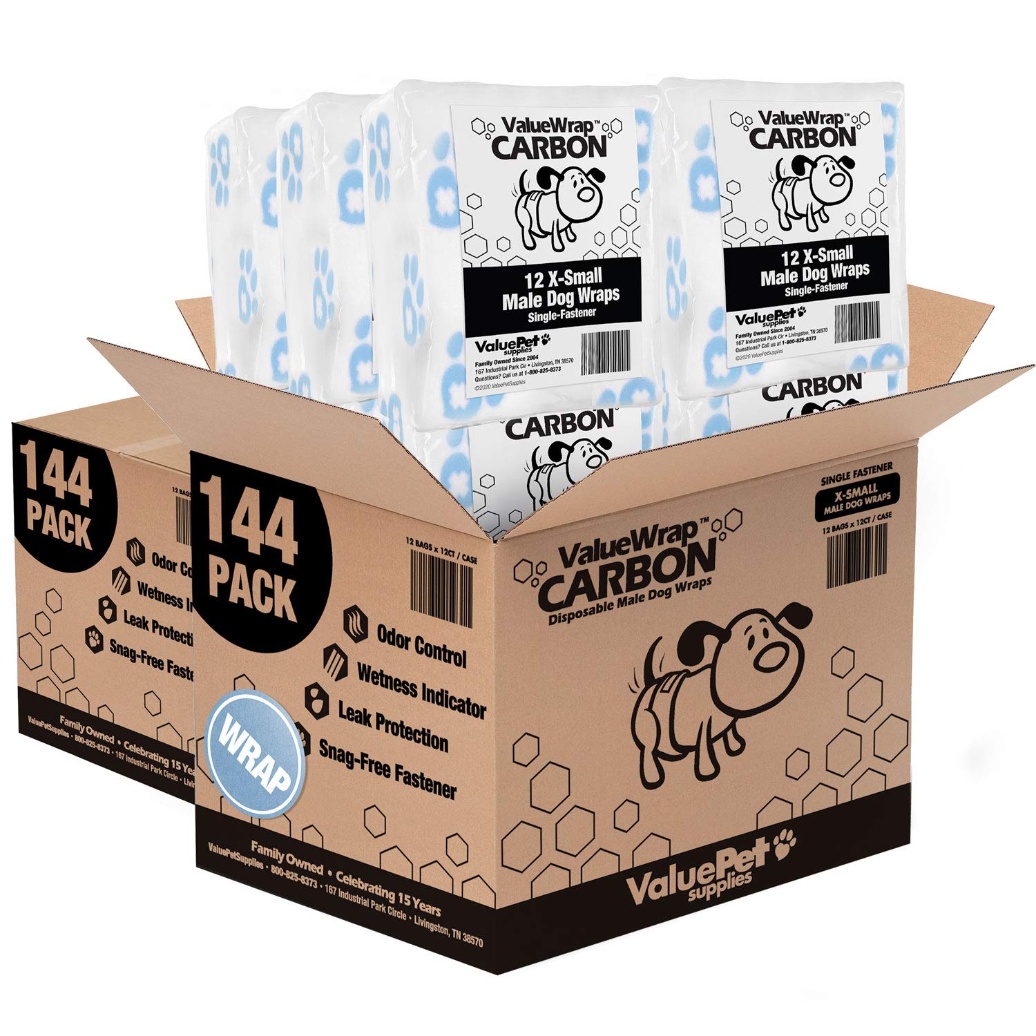 Disposable Dog Diapers for Male Dogs - Extra Small (1-Tab) 288 Count Bulk Pack with Activated Charcoal | Leak Proof, Wetness Indicator & Snag-Free Fastener | Ideal for Incontinence, Training & Travel