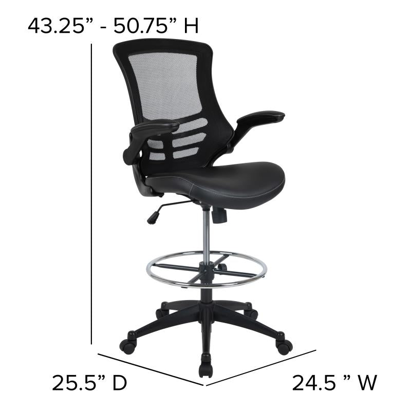 Kelista Mid Back Black Mesh Ergonomic Drafting Chair with LeatherSoft Seat - Adjustable Foot Ring & Flip-Up Arms - Perfect for Architects, Designers & Home Office Workspaces