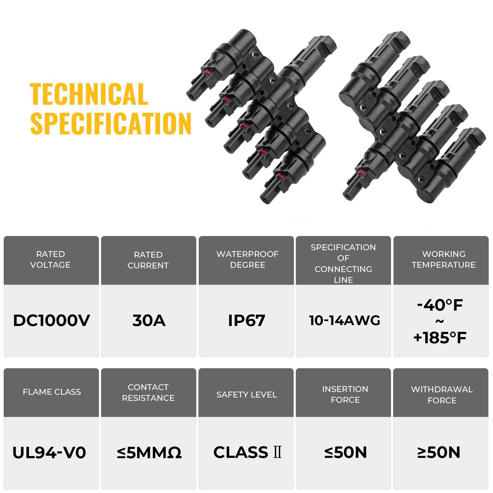 1 Pair 5-in-1 Waterproof T Branch Cable Connectors for Solar PV Panels - MC4 Male & Female Connectors - Ideal for Solar Panel Wiring, Off-Grid Systems, and Renewable Energy Projects