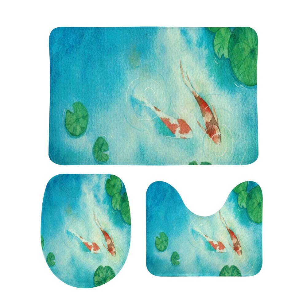 3 Piece Bathroom Rug Set - Koi Fish Lotus Leaf Watercolor Contour Mat, Toilet Lid Cover & Non-Slip Bath Mat for Bathroom Decor, Home Spa & Guest Bathroom Essentials