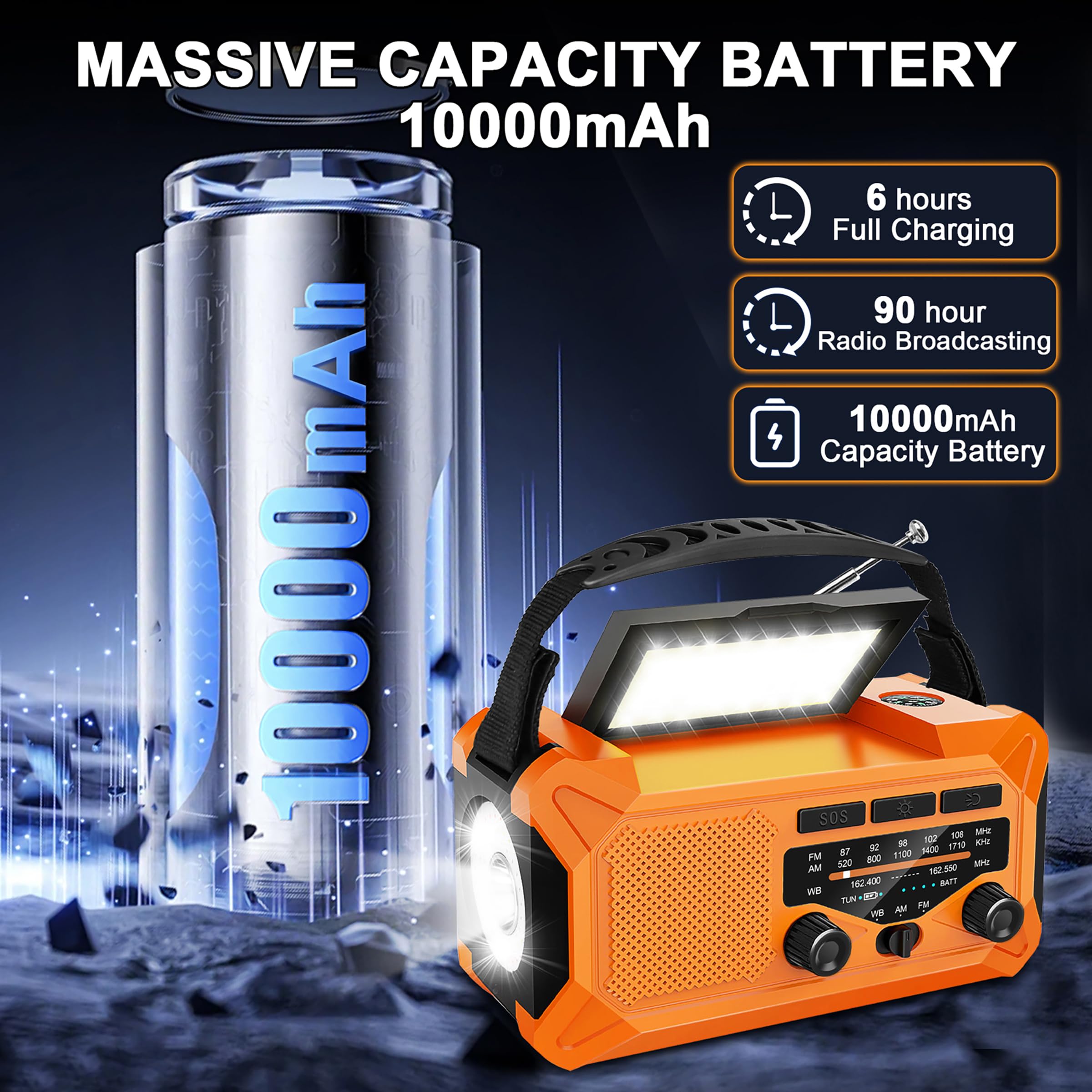 10000mAh Solar Emergency Weather Radio - Portable AM/FM/NOAA Radio with Hand Crank, LED Flashlight, Reading Lamp, Compass & Phone Charger - Perfect for Outdoor Camping, Hiking & Emergency Preparedness