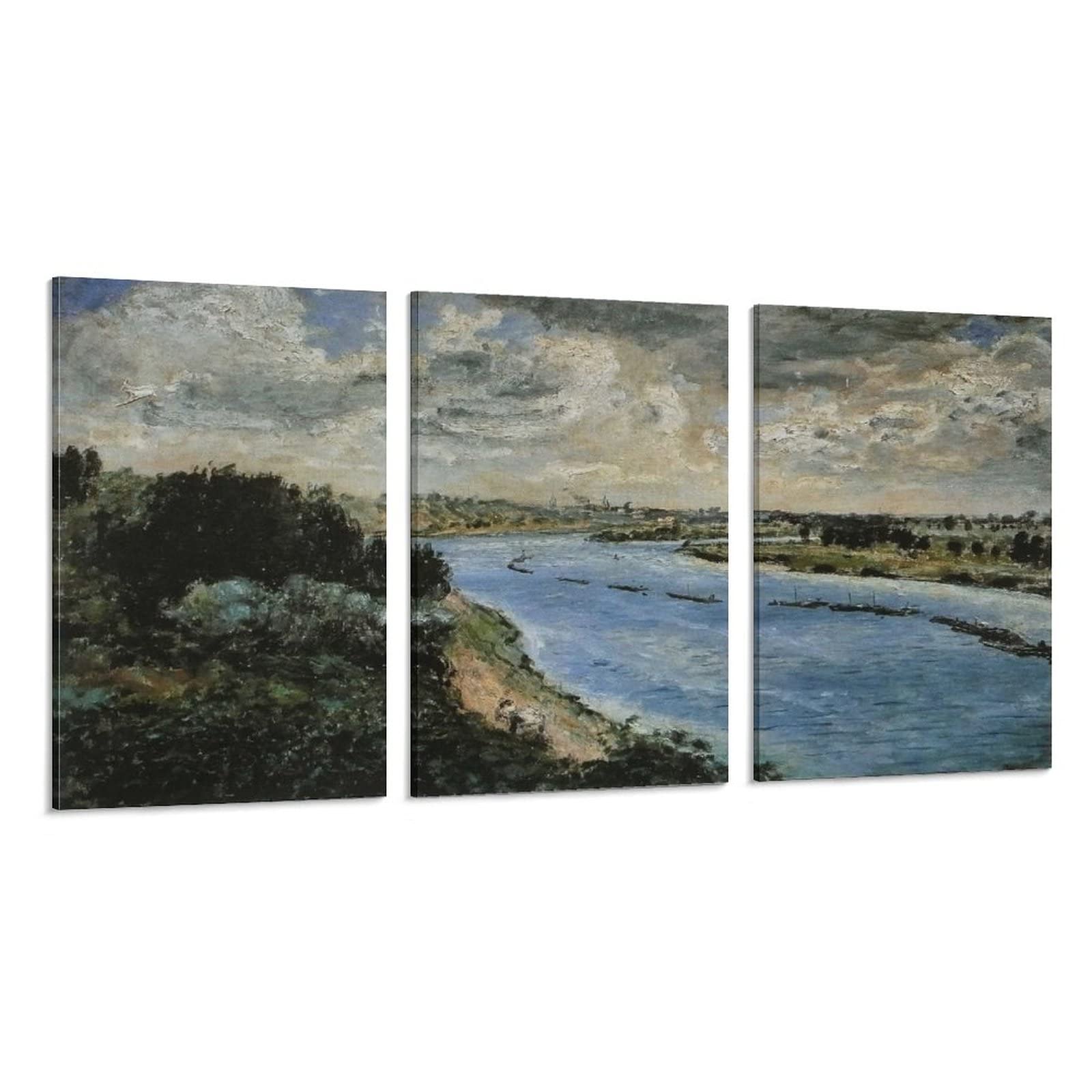 Pierre-Auguste Renoir 'Chalands Sur La Seine 1869' Vintage Landscape Art Reproduction - 3 Panel Canvas Wall Art Print, Famous Oil Painting Poster for Home & Office Decor, Living Room Aesthetic