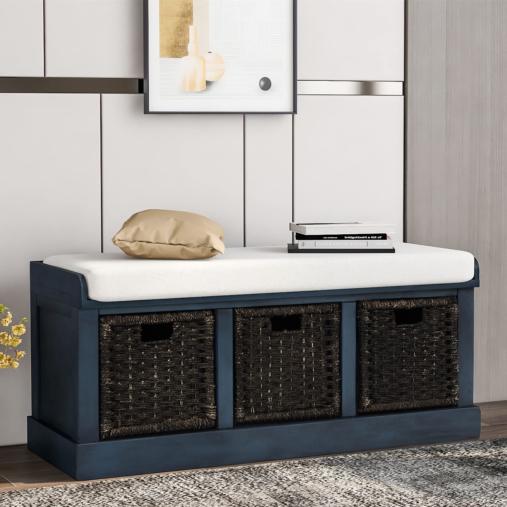 Harper & Bright Designs Rustic Wicker Storage Bench with 3 Rattan Baskets & Removable Cushion - Wooden Entryway Bench for Hallway, Bedroom, Living Room - Antique Navy - Perfect for Home Organization & Farmhouse Decor