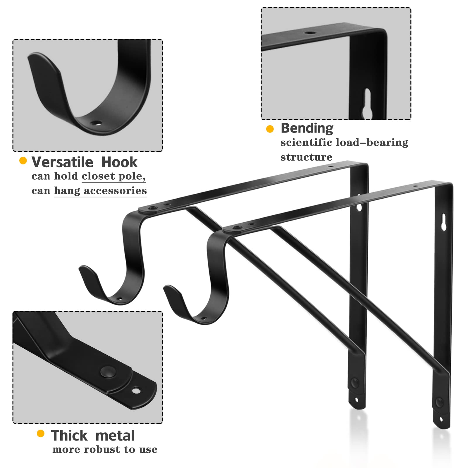Heavy Duty Closet Rod Bracket with Shelf - 10.9x10.2 Inch Black Wall Mounted Clothes Hanger Support (4 Pack) - Perfect for Bedroom Closet Organization & Garment Storage