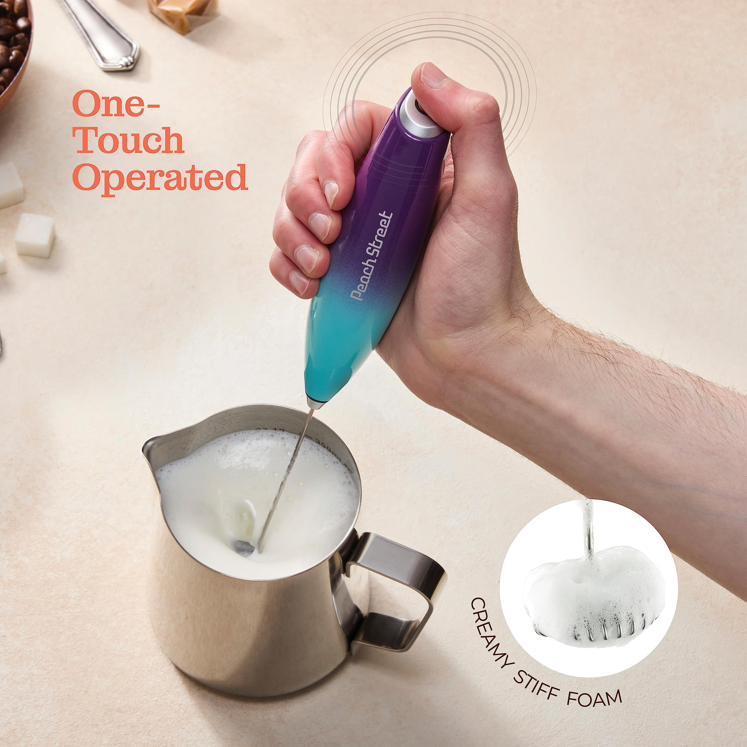 Premium Handheld Milk Frother - Mini Electric Milk Foamer with Stainless Steel Whisk & Stand - Battery Operated (Batteries Not Included) - Perfect for Coffee, Lattes, Cappuccino, Hot Chocolate, Matcha & Frappe - Ideal for Home, Office & Cafe Use