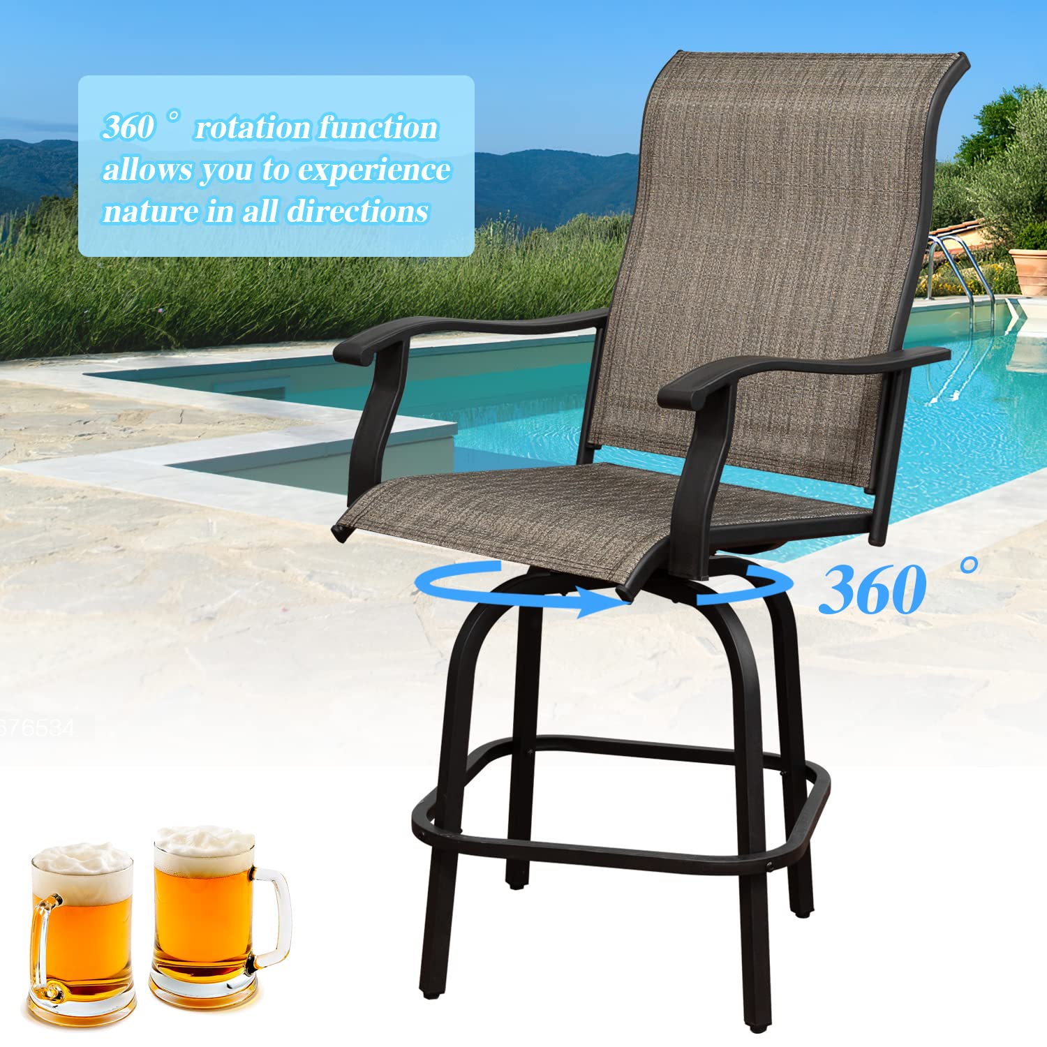 2-Piece Outdoor Patio Swivel Bar Set with Curved Armrests - All-Weather High Bar Stools for Backyard, Poolside, Porch & Bistro - Brown (Perfect for Outdoor Entertaining & Relaxation)