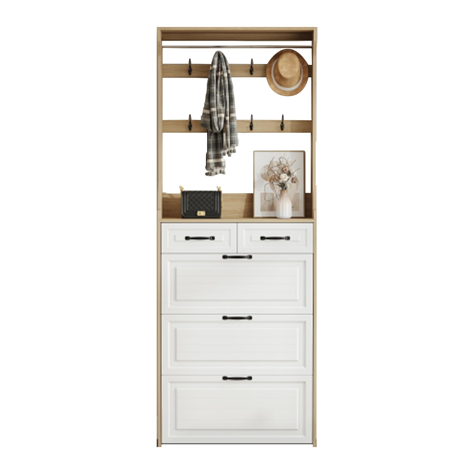 3-Door Oak Shoe Cabinet with 2 Drawers & Hanger - PVC Panel Storage Organizer for Entryway, Closet & Mudroom - Large Capacity Shoe Rack (White)