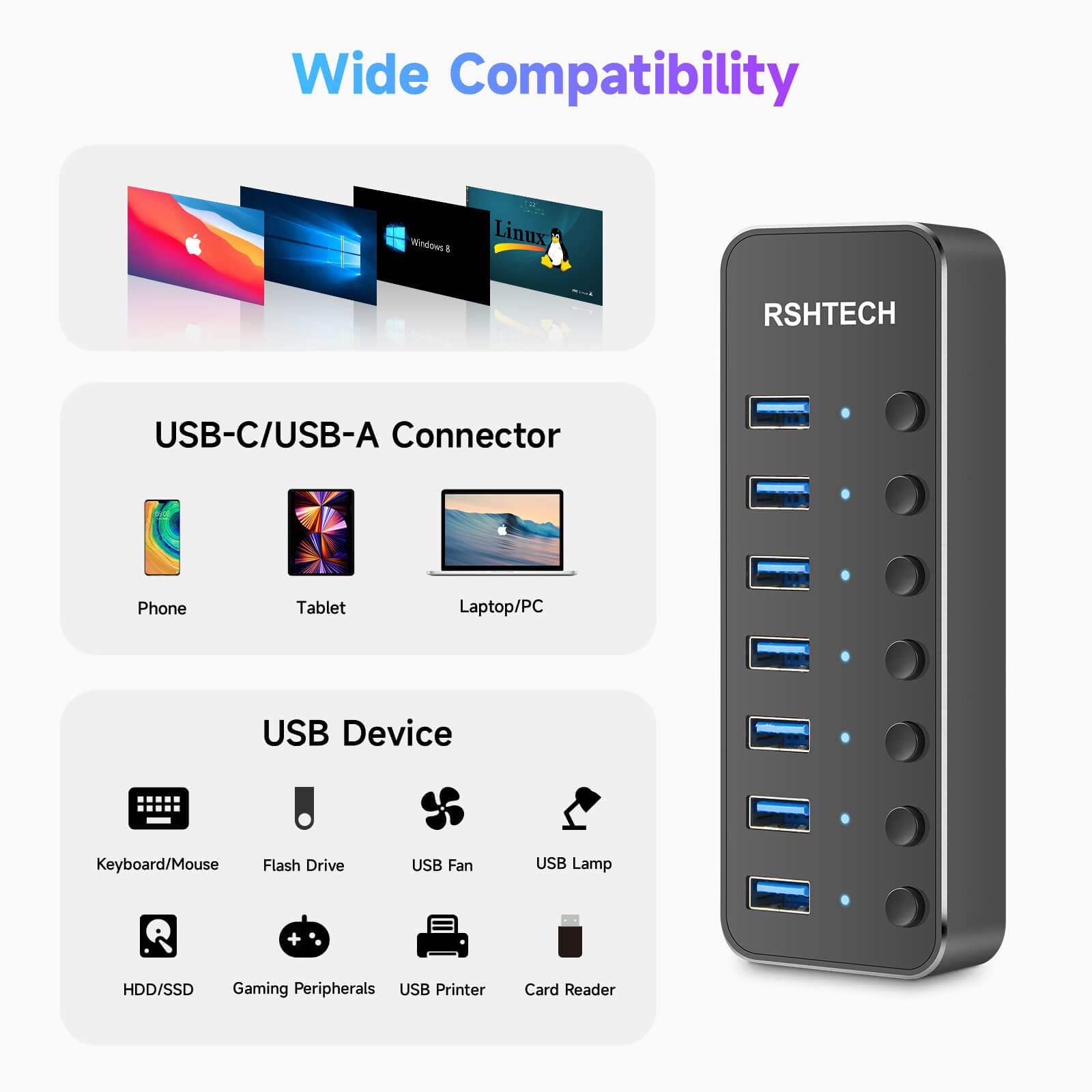RSHTECH 7-Port USB 3.0 & USB C Hub with 2-in-1 Cable - Aluminum USB Splitter with 5V 3A Power Adapter & Individual Switches - USB Port Expander for Laptop, PC, MacBook - Perfect for Home Office, Gaming & Multi-Device Charging