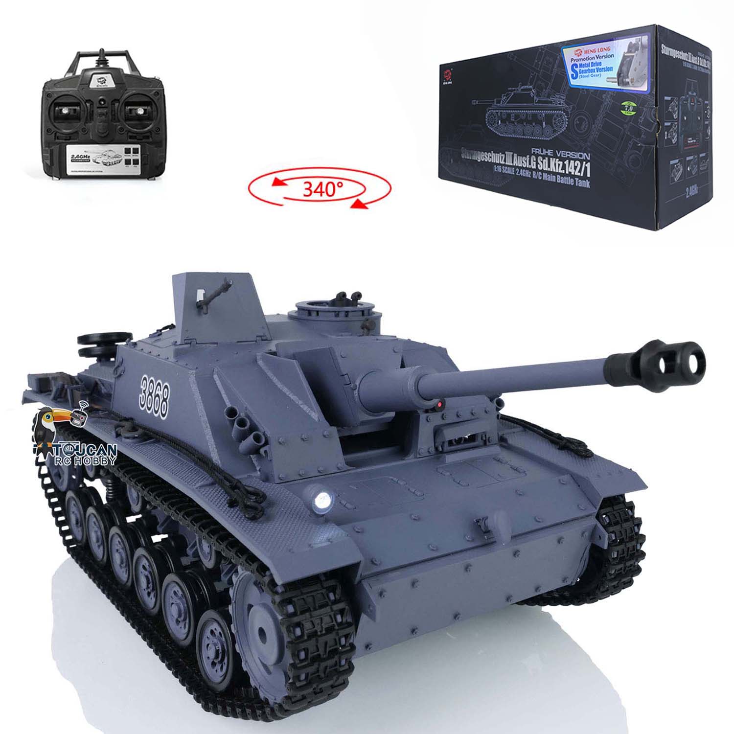 2.4Ghz Henglong 1/16 Scale 7.0 Plastic German Stug III RTR RC Tank with Smoke, Sound & BB Shooting - US Stock - Perfect for Military Enthusiasts & RC Hobbyists (Model 3868) - Ideal for Battle Simulation, Collection & Outdoor Play