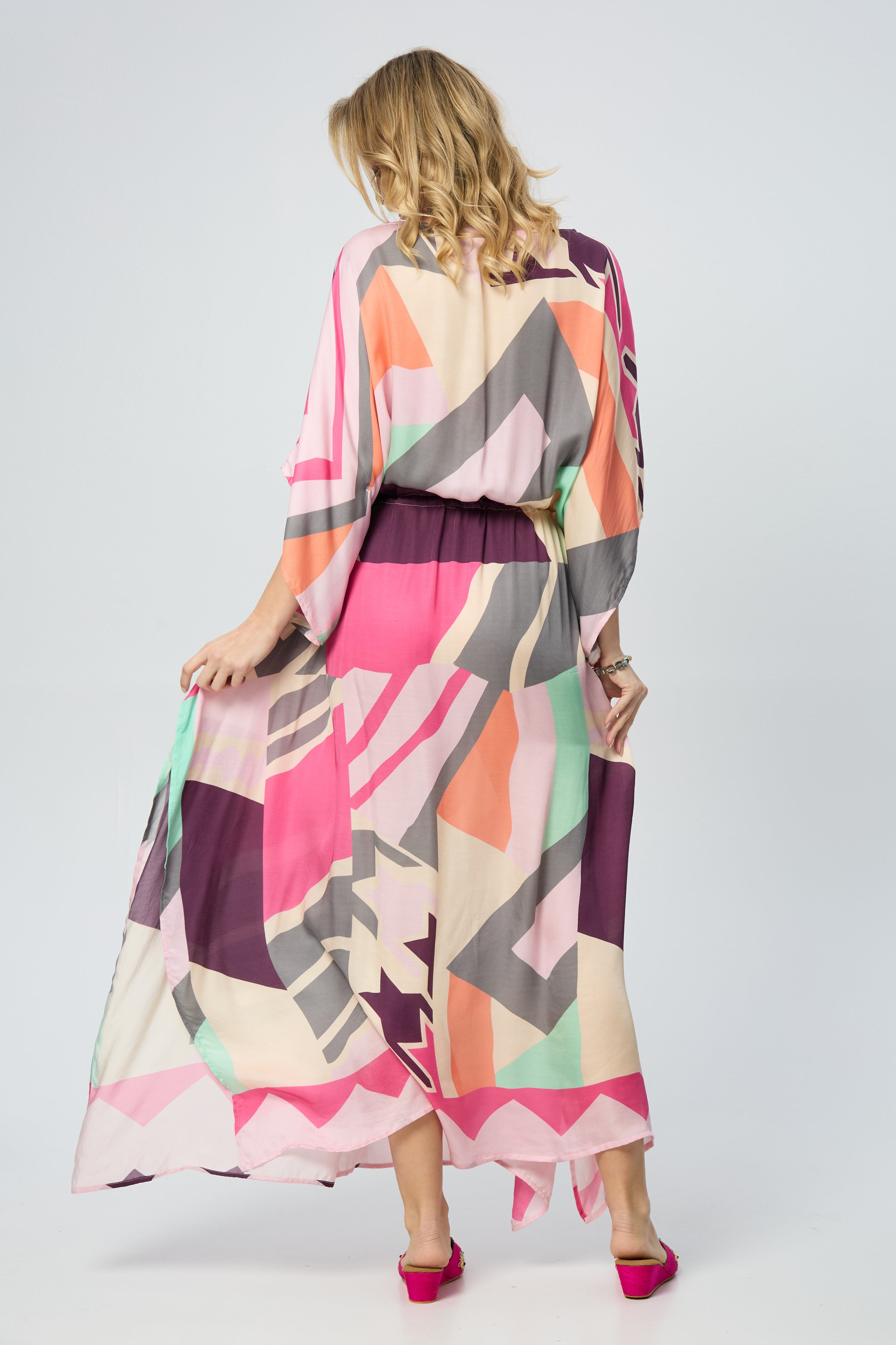 Stylish Multicolored Geo Print Tie Waist Keyhole Kaftan Dress - Perfect for Beach Vacations, Summer Parties & Boho Fashion