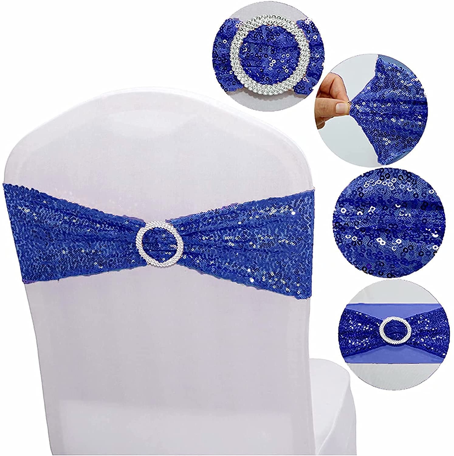 12 Pack Blue Sequin Chair Sashes - Stretch Spandex Chair Bands with Buckle for Wedding, Banquet, Birthday, Graduation, Anniversary & Prom Decorations | Perfect for Party Chair Decor, Event Seating & Celebration Decorations