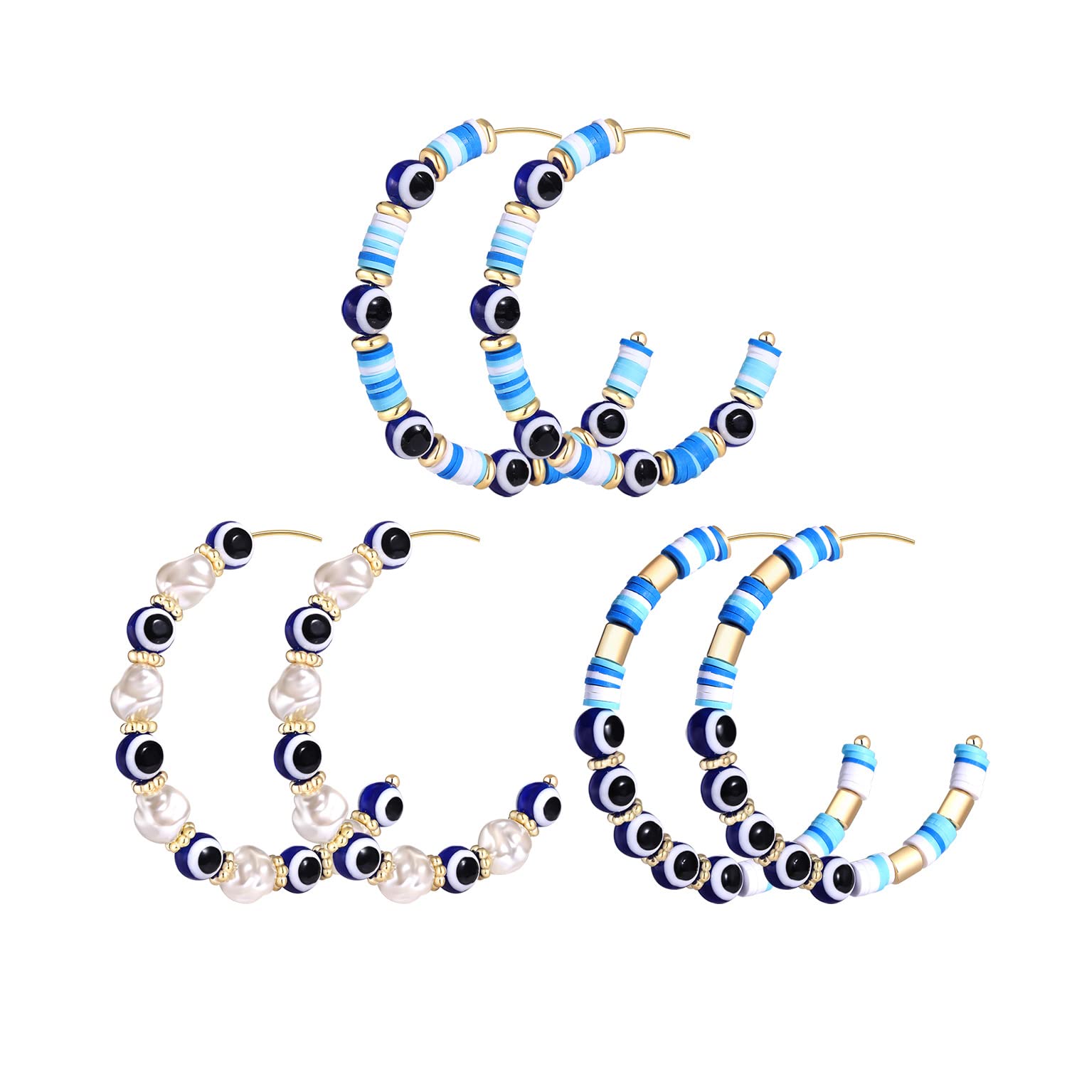 3 Pairs Evil Eye Hoop Earrings for Women - Bohemian Heishi Beaded Dangle Earrings with Lucky Charm, Large Statement Open Hoops for Summer Parties, Beach Vacations & Boho Fashion Jewelry Gifts