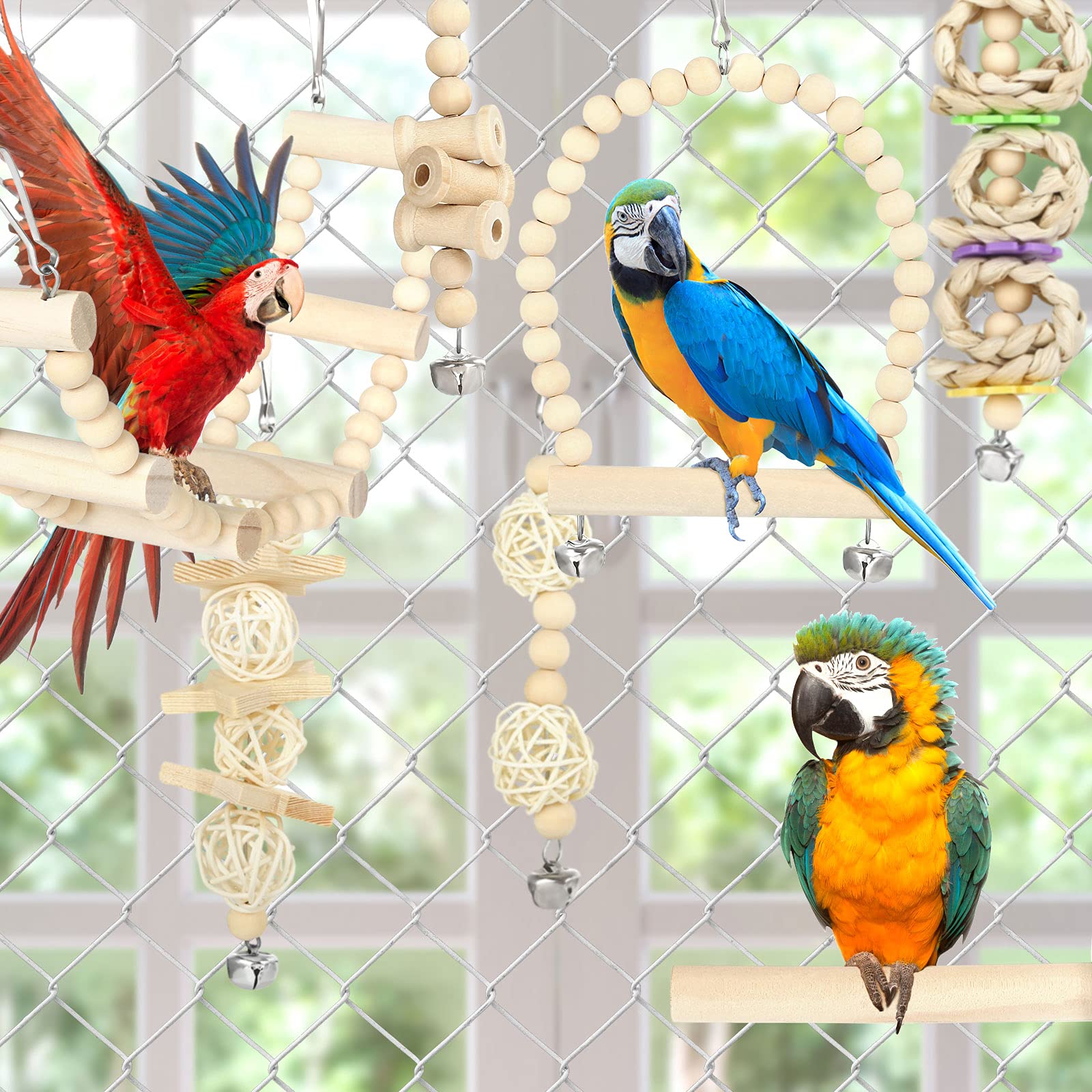 8 PCS Bird Toys for Parrots - Wooden Chewing Hanging Swing & Standing Toys for Parakeets, Cockatiels, Conures & Budgies - Cage Accessories for Play, Exercise & Mental Stimulation