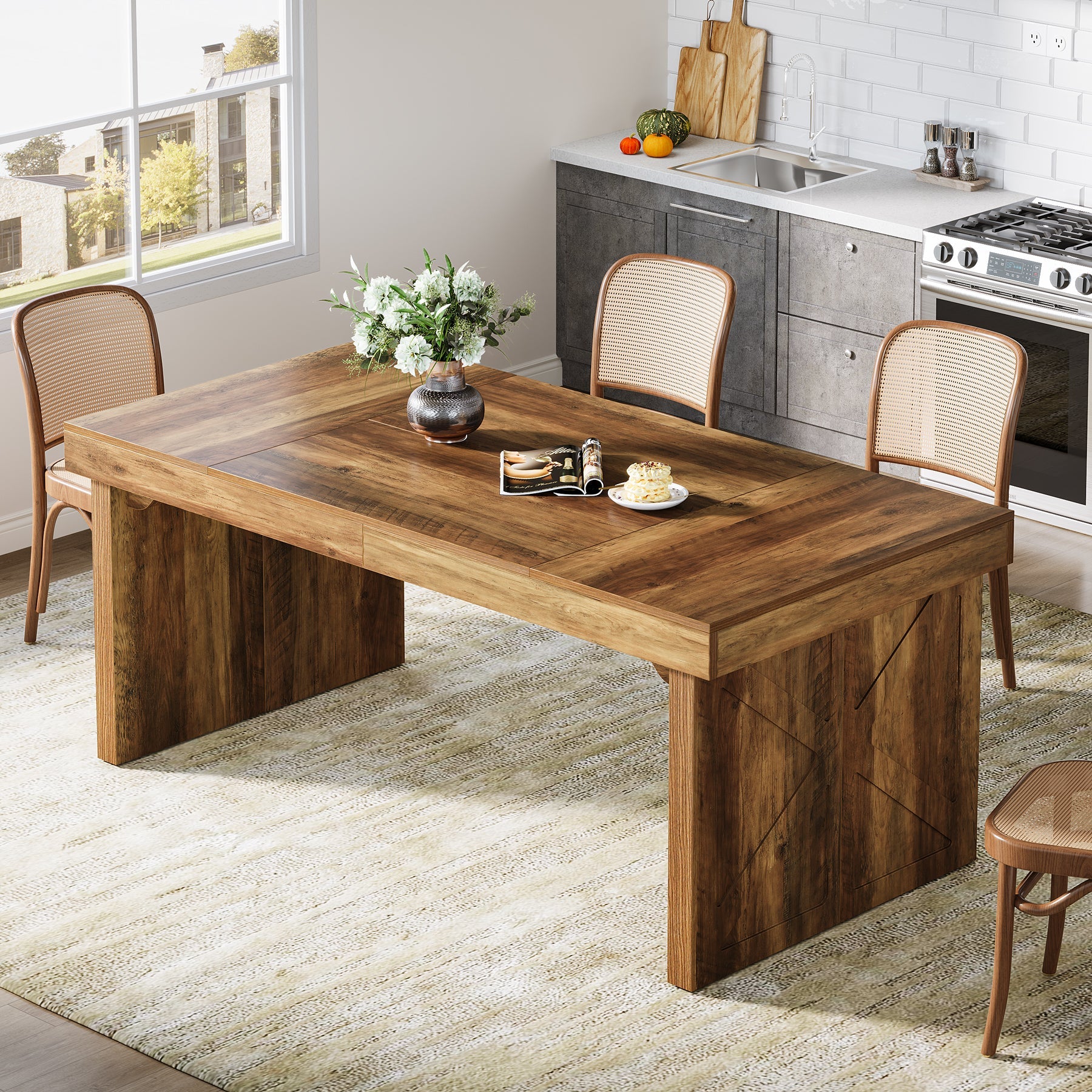 Rustic Wood Dining Table - 63 Inch Rectangular Kitchen Table for Farmhouse, Dining Room & Family Gatherings