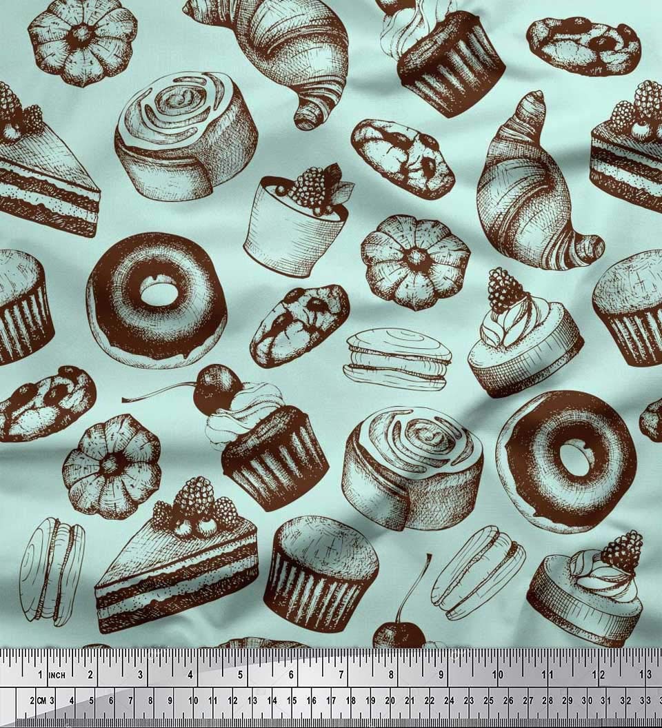 Soimoi Viscose Chiffon Fabric - 42 Inch Wide Green Printed Fabric with Cupcake, Donut & Cookies Food Pattern - Perfect for DIY Crafts, Sewing Projects, Party Decorations, and Costume Making