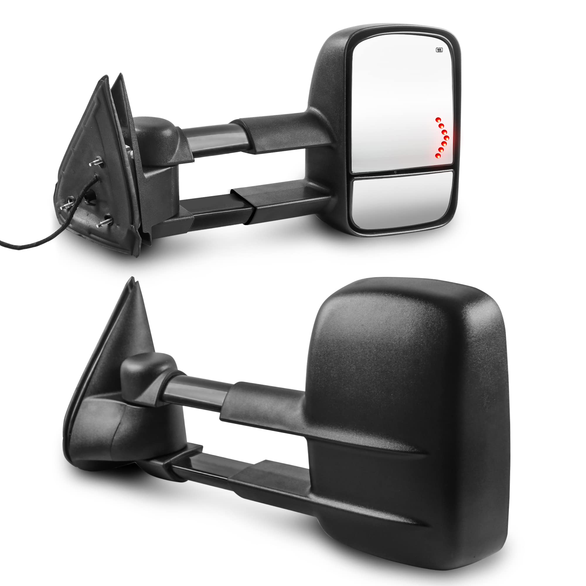 MOSTPLUS Power Heated Towing Mirrors with Arrow Signal Light - Compatible with 2003-2006 Chevy Silverado, Suburban, Tahoe & GMC Sierra, Yukon - Manual Telescoping Design (Set of 2, Black) - Perfect for Winter Driving and Heavy-Duty Towing