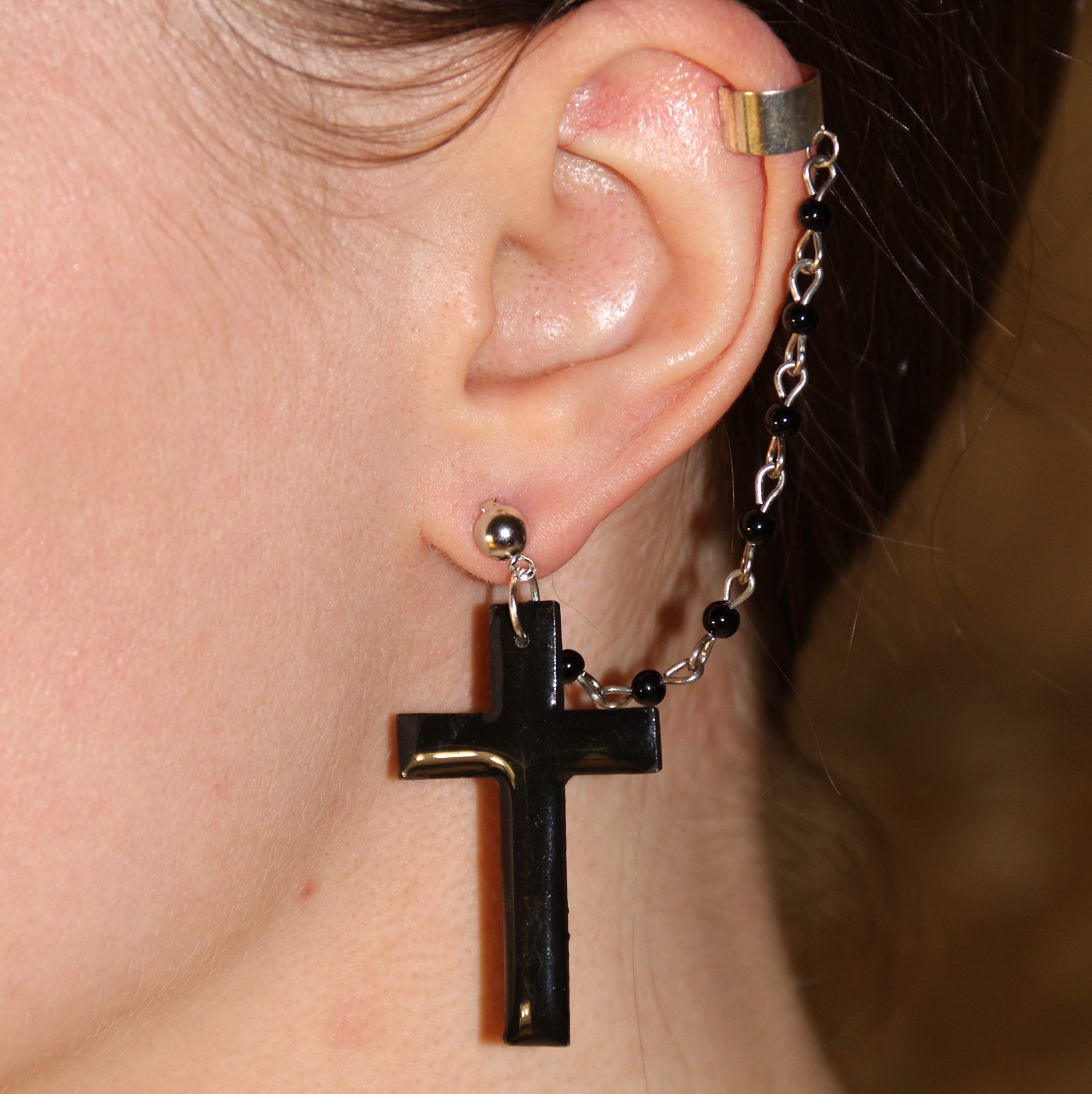Handmade Gothic Cross Ear Cuff - Black Polymer Clay Stud Earrings with Beaded Chain - Epoxy Resin Jewelry for Women - Perfect for Halloween, Gothic Fashion & Alternative Style