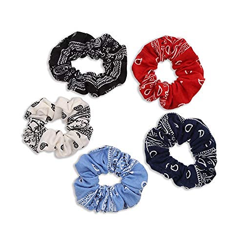 Shidara Bandana Print Scrunchies Hair Ties for Women - Soft Cotton Hair Bands & Elastics - 5 Piece Set - Perfect for Workouts, Yoga, and Everyday Styling